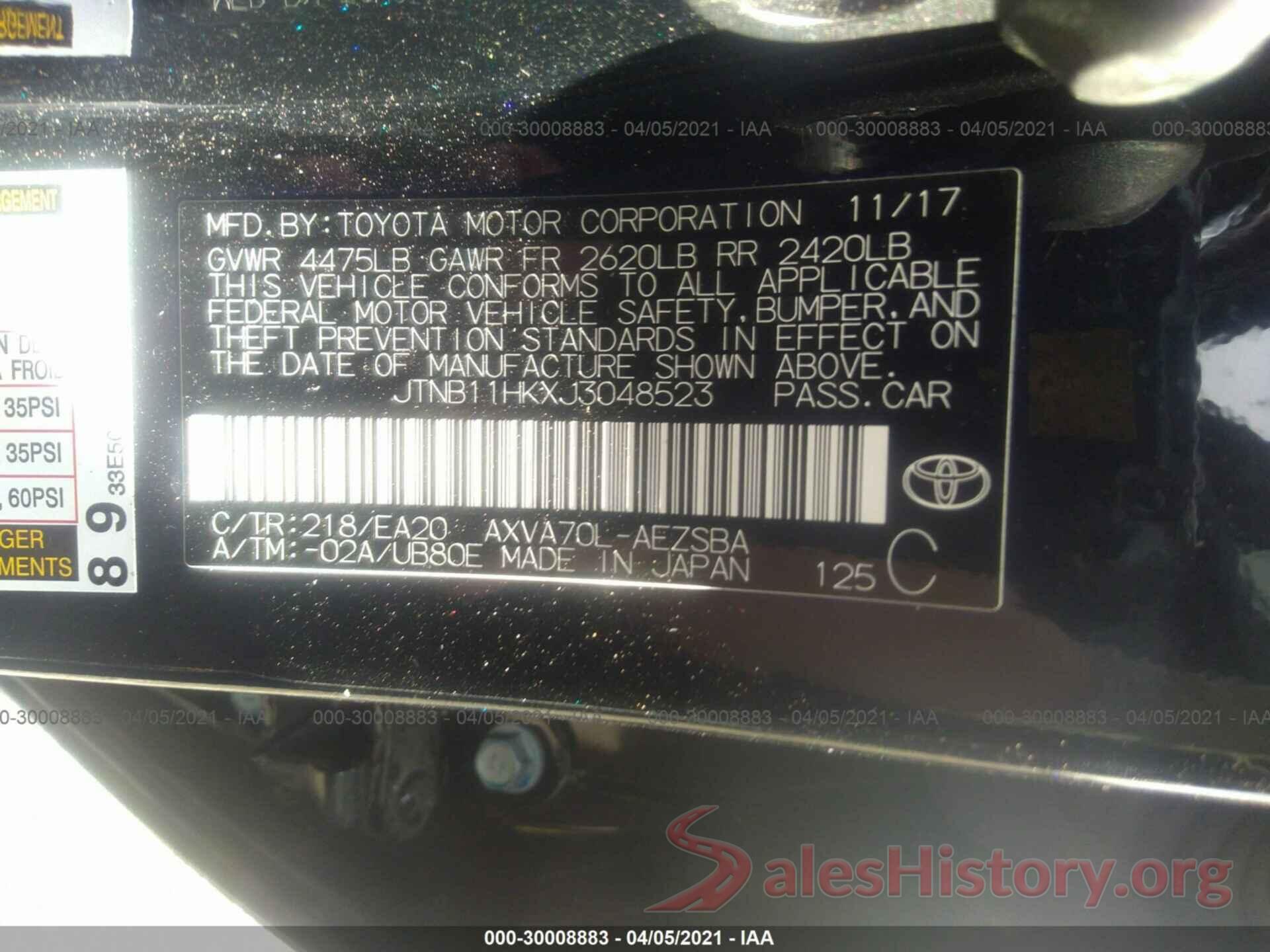 JTNB11HKXJ3048523 2018 TOYOTA CAMRY