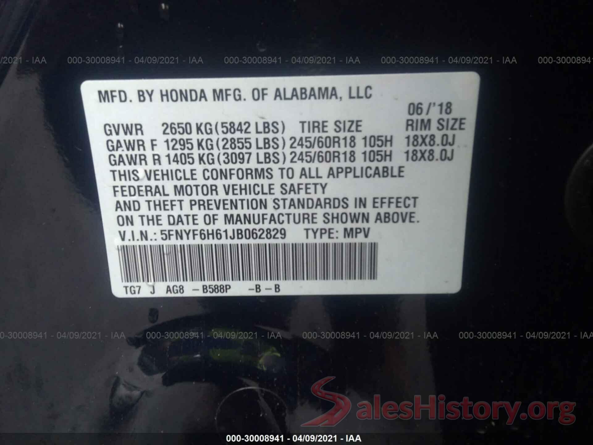 5FNYF6H61JB062829 2018 HONDA PILOT