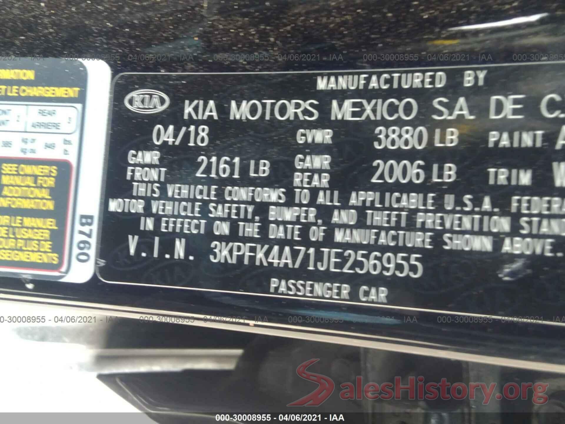 3KPFK4A71JE256955 2018 KIA FORTE