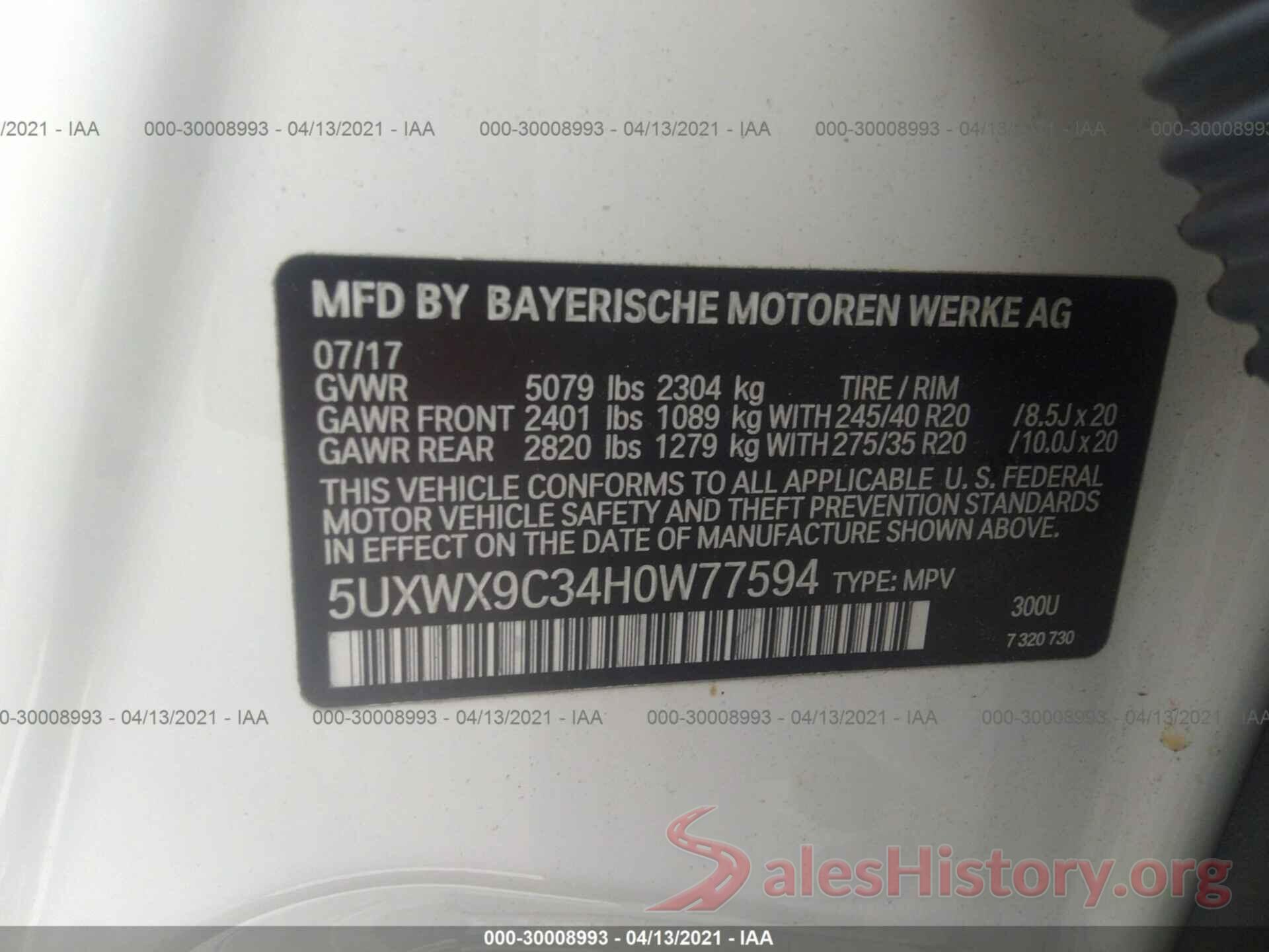 5UXWX9C34H0W77594 2017 BMW X3