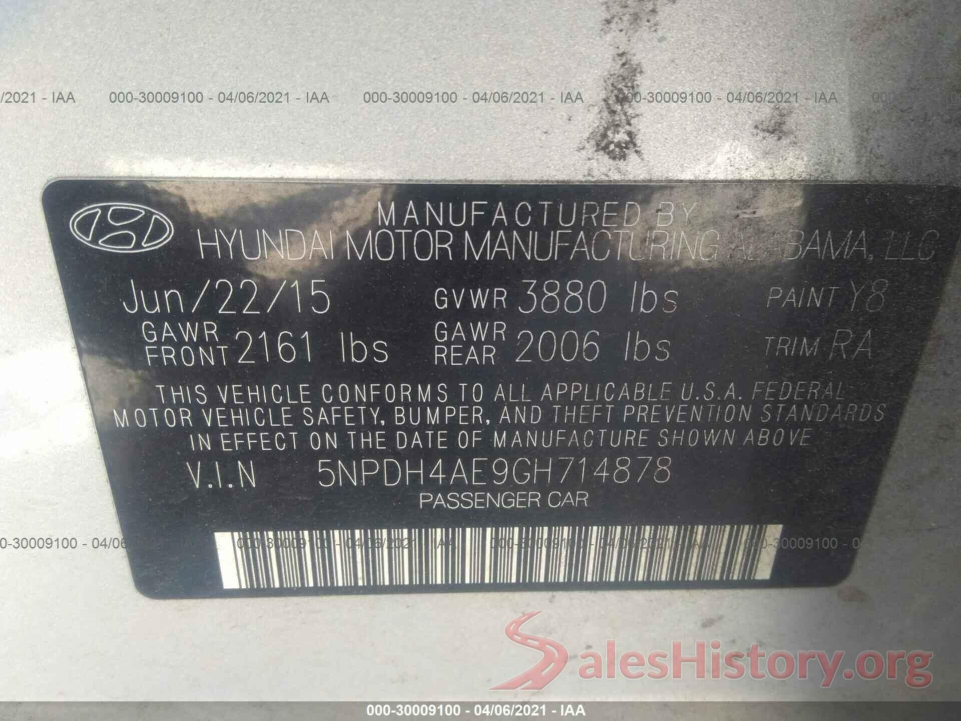 5NPDH4AE9GH714878 2016 HYUNDAI ELANTRA