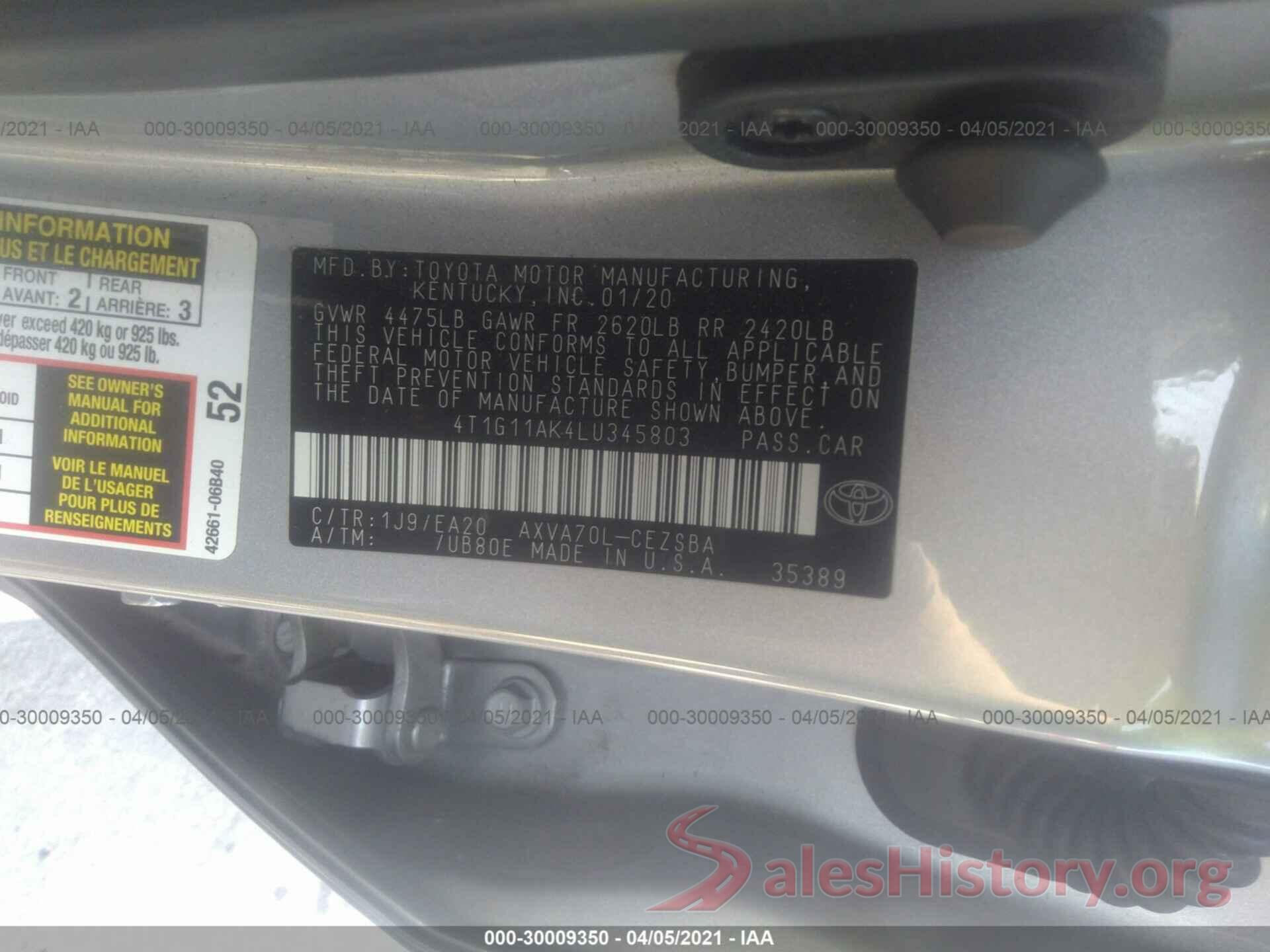 4T1G11AK4LU345803 2020 TOYOTA CAMRY