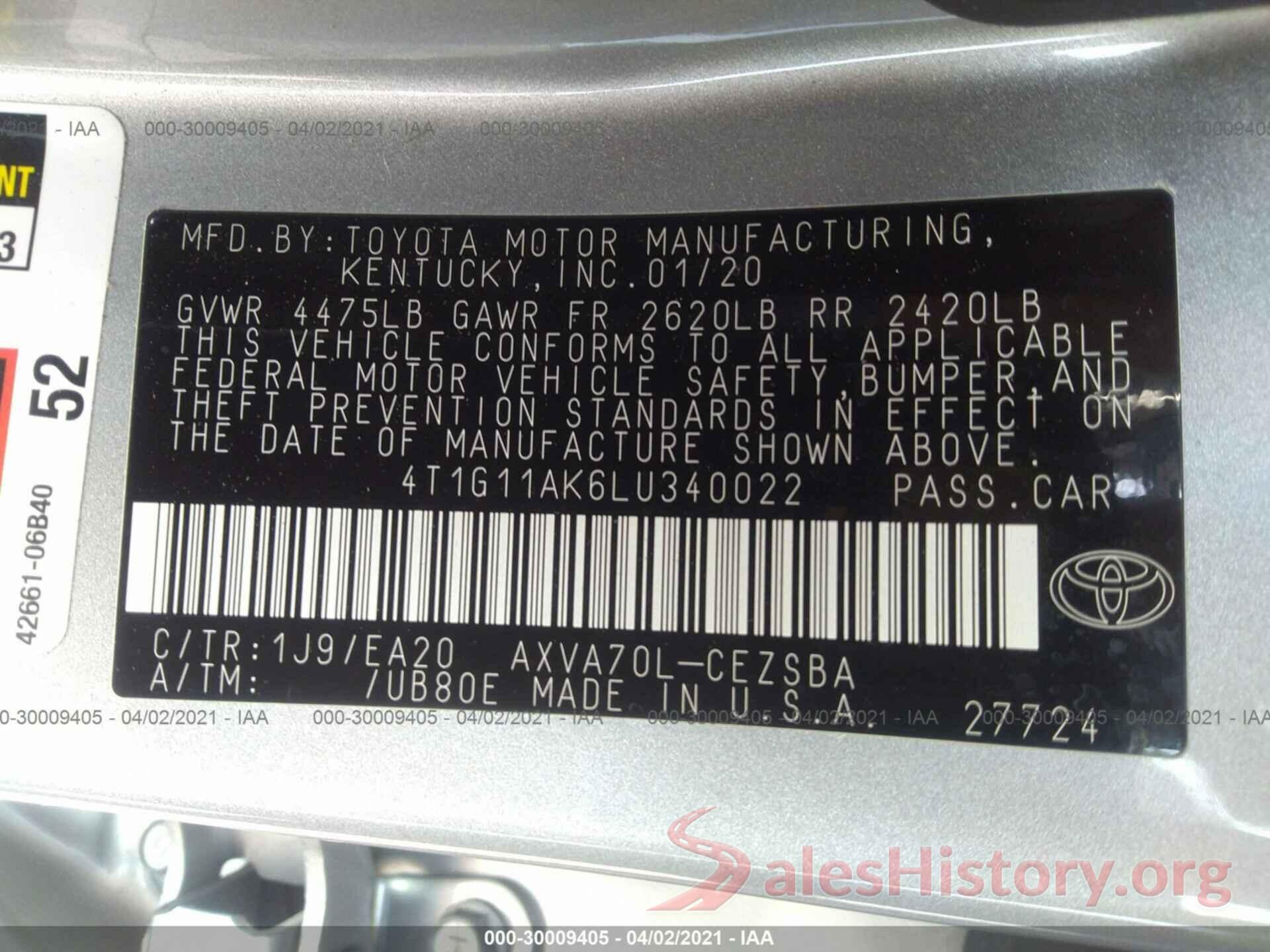 4T1G11AK6LU340022 2020 TOYOTA CAMRY