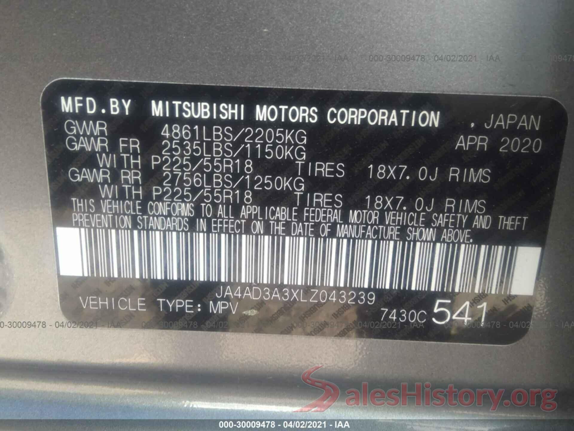 JA4AD3A3XLZ043239 2020 MITSUBISHI OUTLANDER