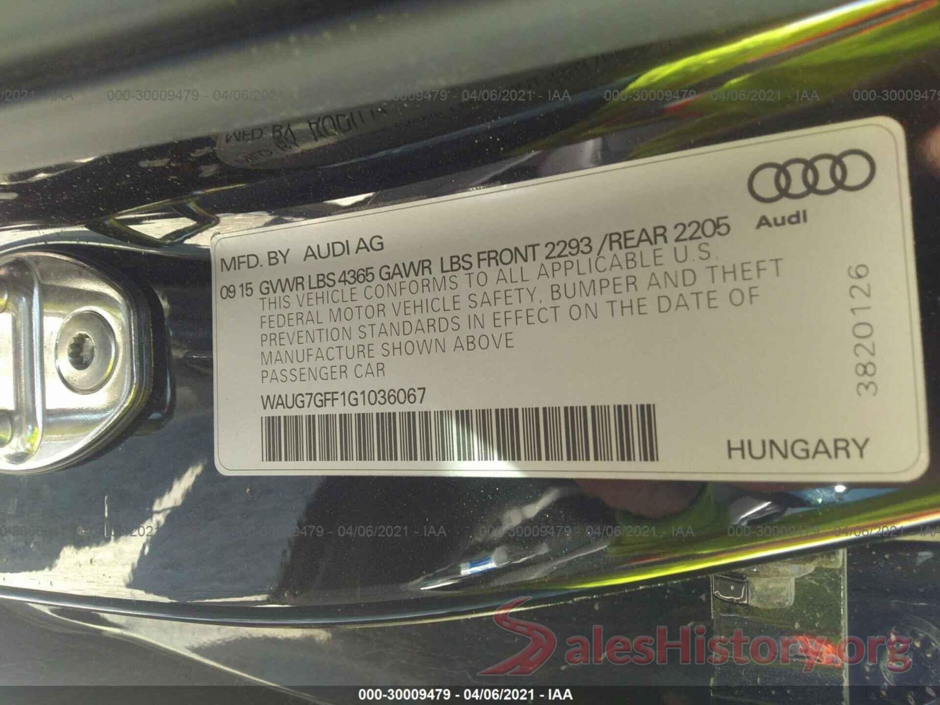 WAUG7GFF1G1036067 2016 AUDI A3