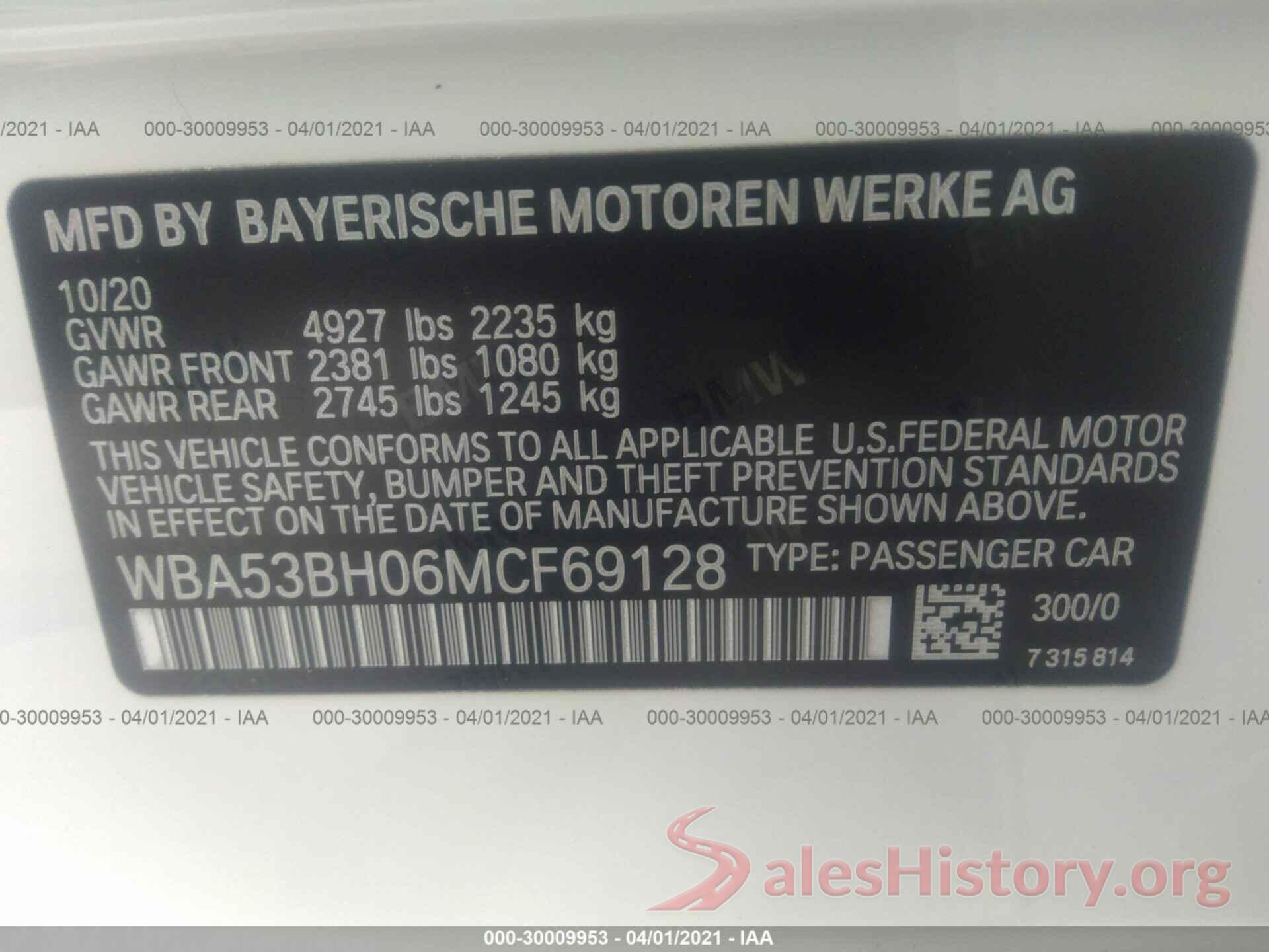 WBA53BH06MCF69128 2021 BMW 5 SERIES