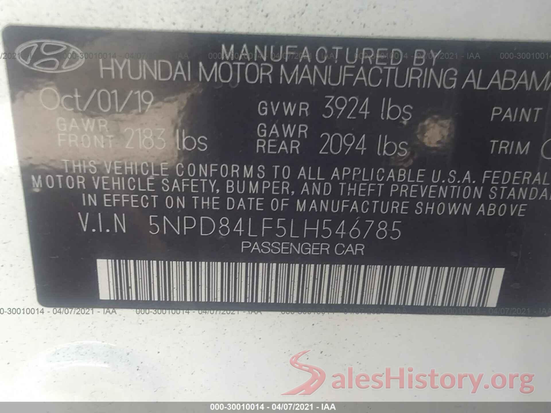 5NPD84LF5LH546785 2020 HYUNDAI ELANTRA