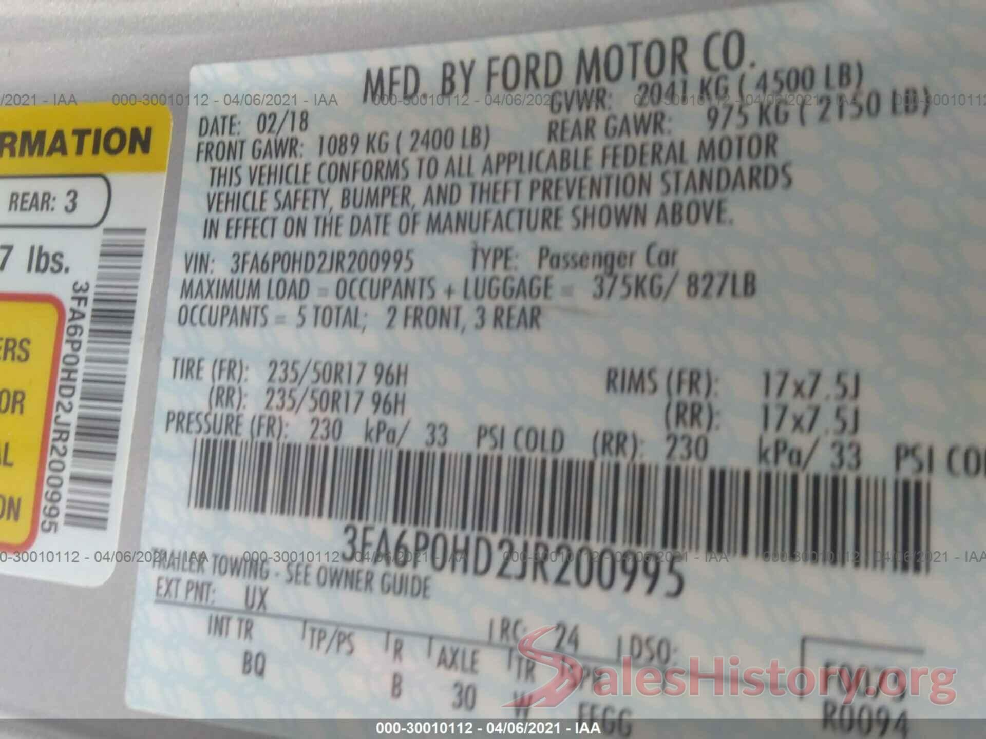 3FA6P0HD2JR200995 2018 FORD FUSION