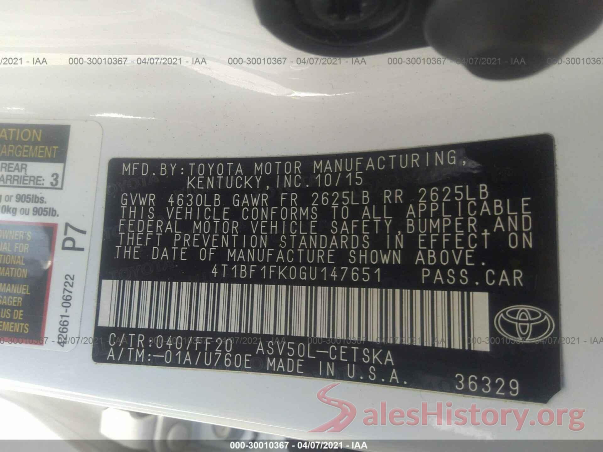 4T1BF1FK0GU147651 2016 TOYOTA CAMRY