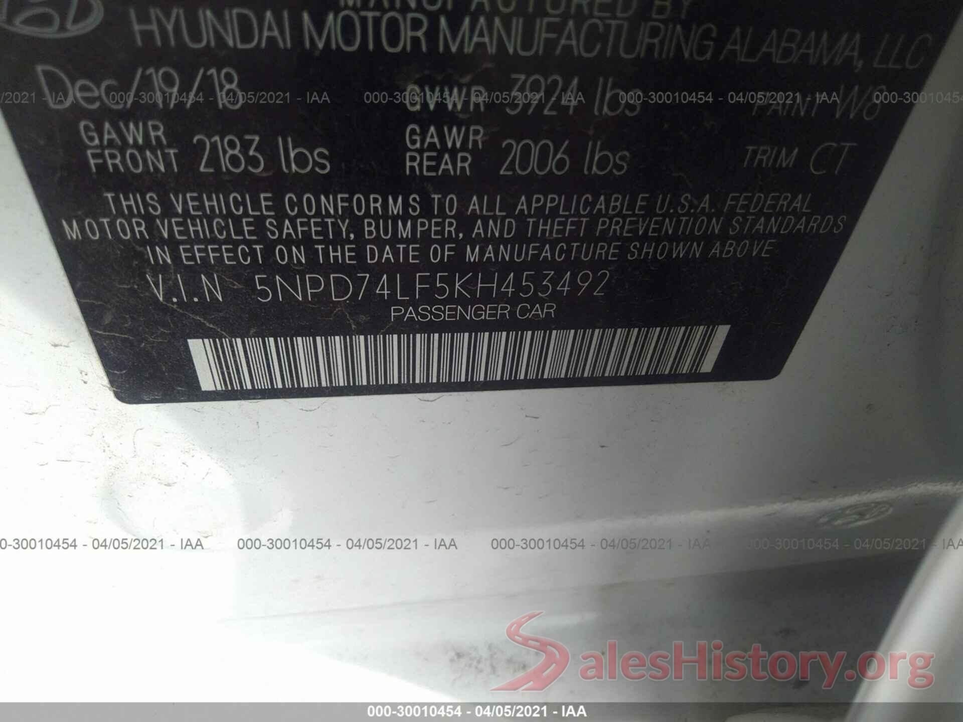 5NPD74LF5KH453492 2019 HYUNDAI ELANTRA