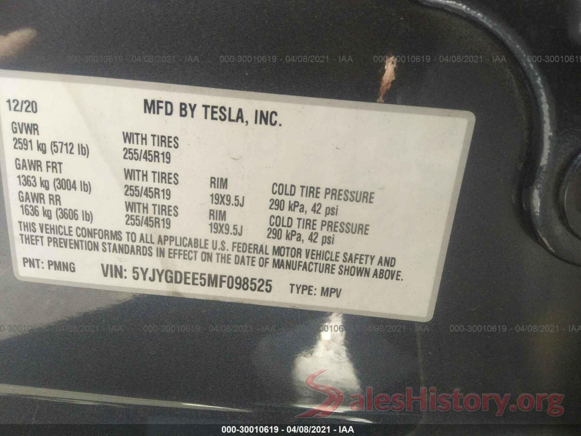 5YJYGDEE5MF098525 2021 TESLA MODEL Y