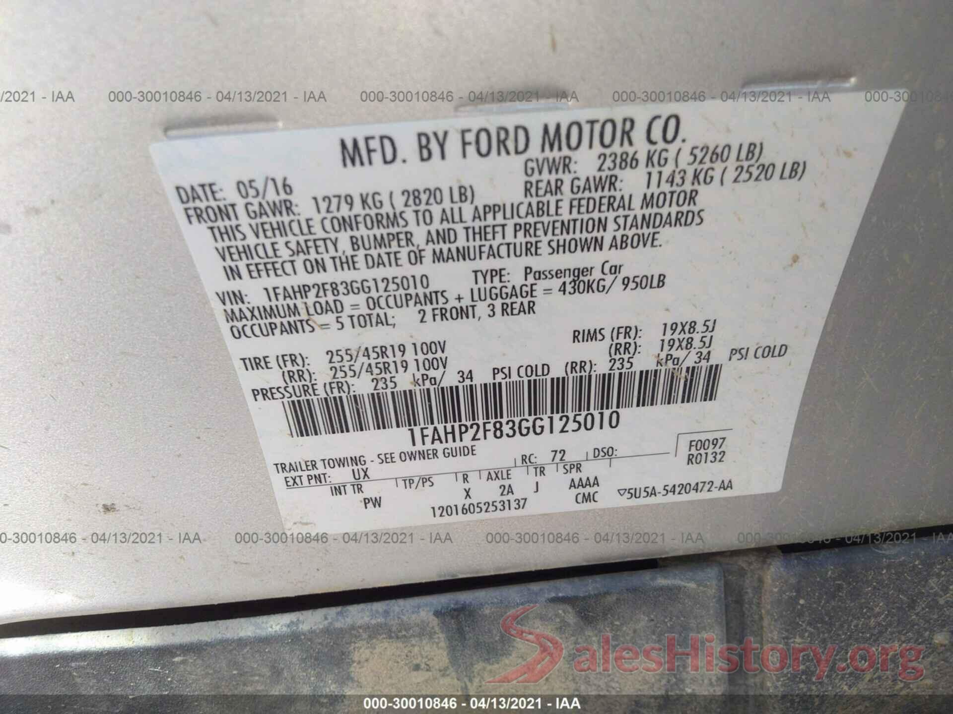 1FAHP2F83GG125010 2016 FORD TAURUS