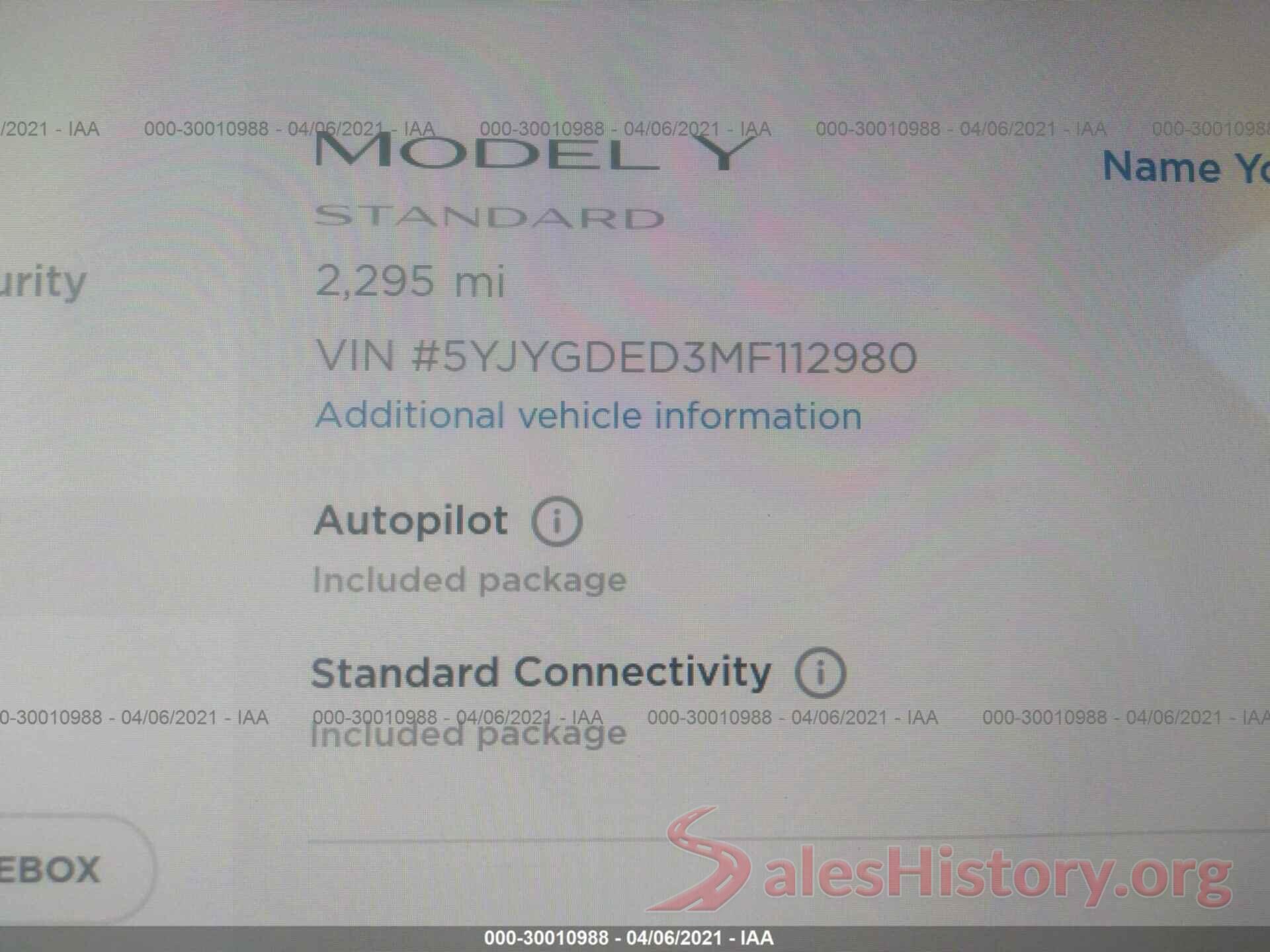 5YJYGDED3MF112980 2021 TESLA MODEL Y