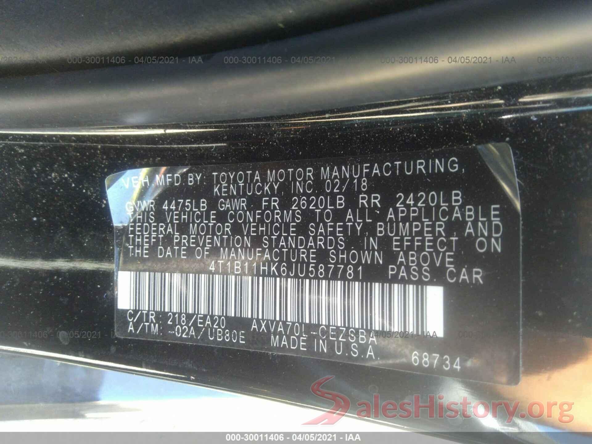 4T1B11HK6JU587781 2018 TOYOTA CAMRY