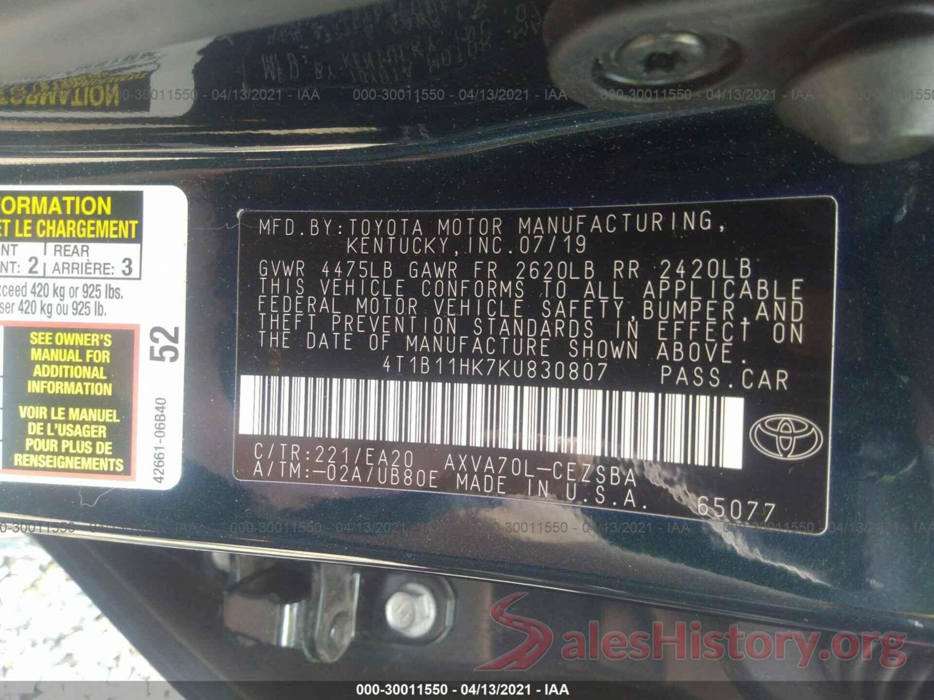 4T1B11HK7KU830807 2019 TOYOTA CAMRY