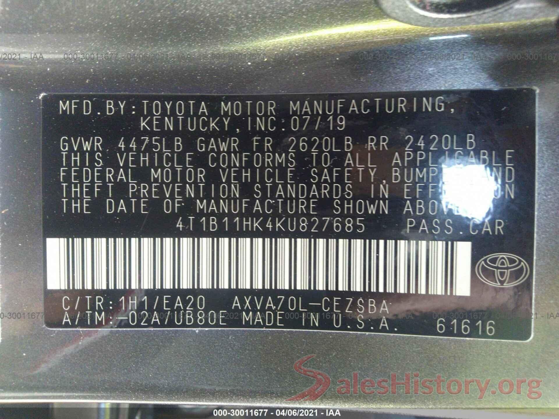 4T1B11HK4KU827685 2019 TOYOTA CAMRY