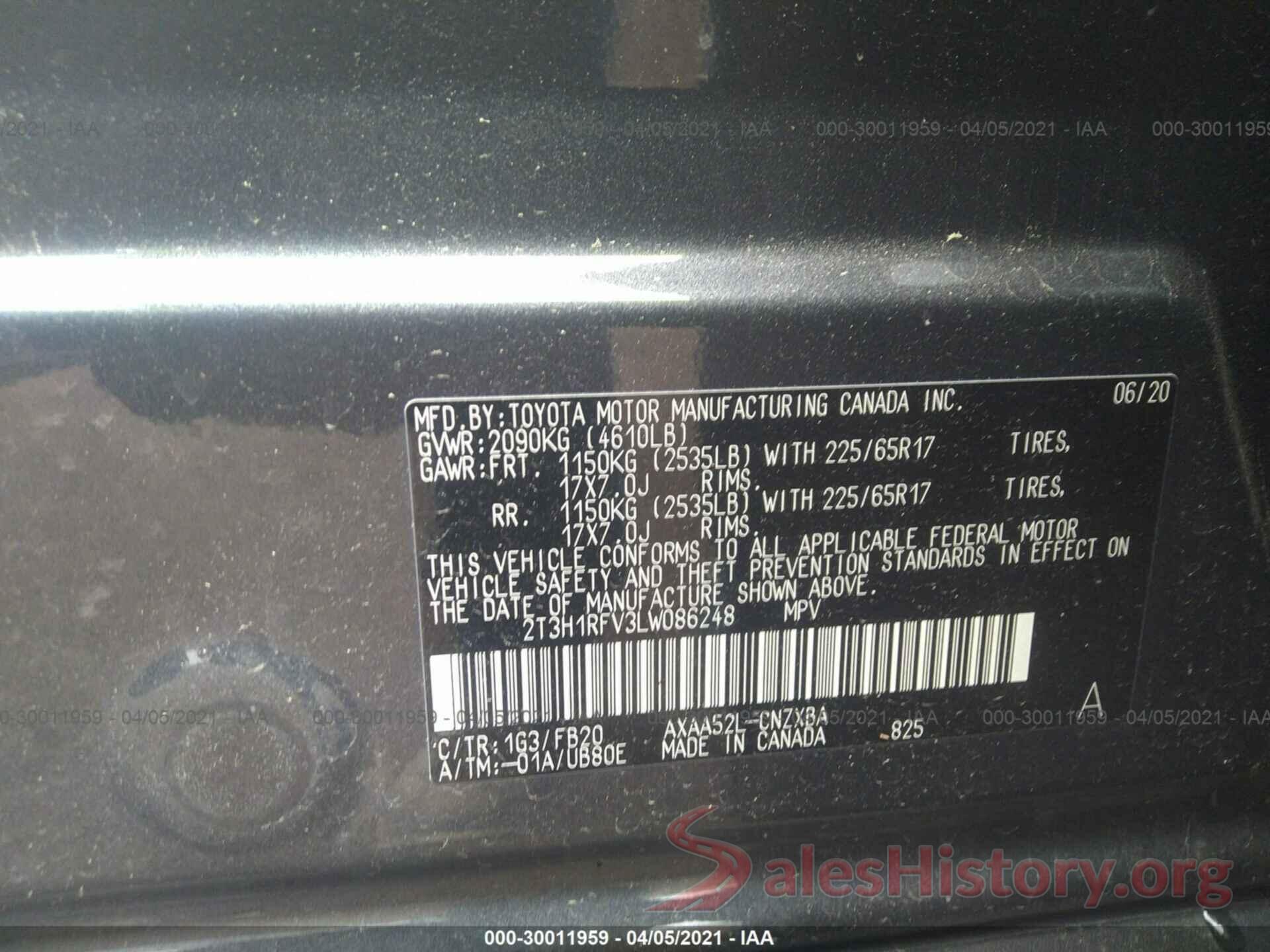 2T3H1RFV3LW086248 2020 TOYOTA RAV4