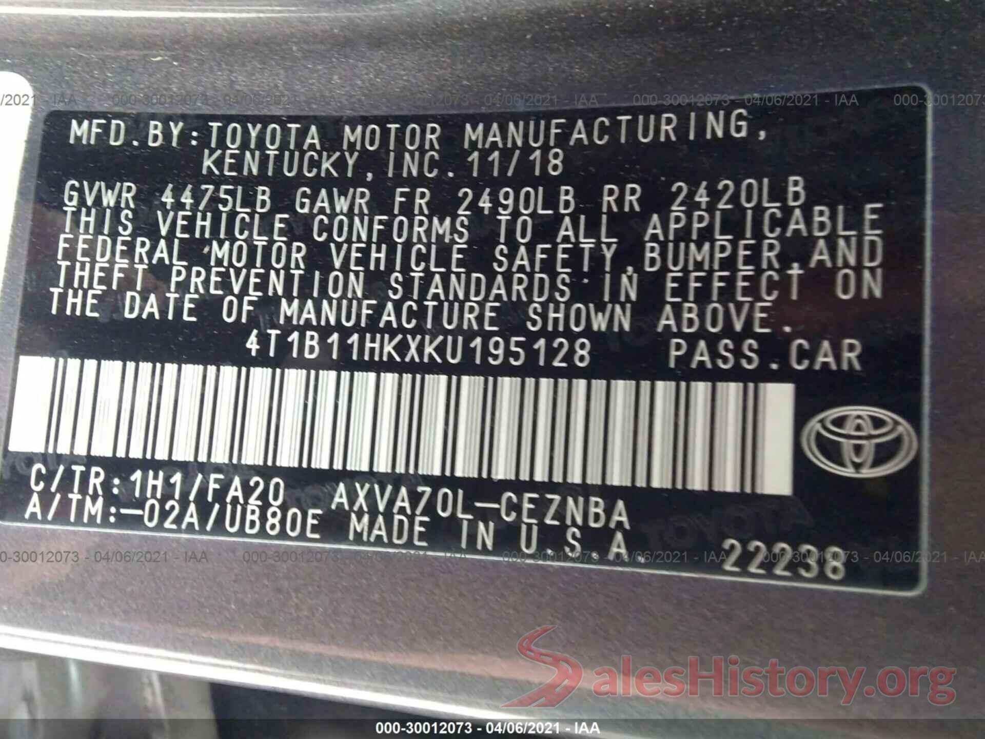 4T1B11HKXKU195128 2019 TOYOTA CAMRY