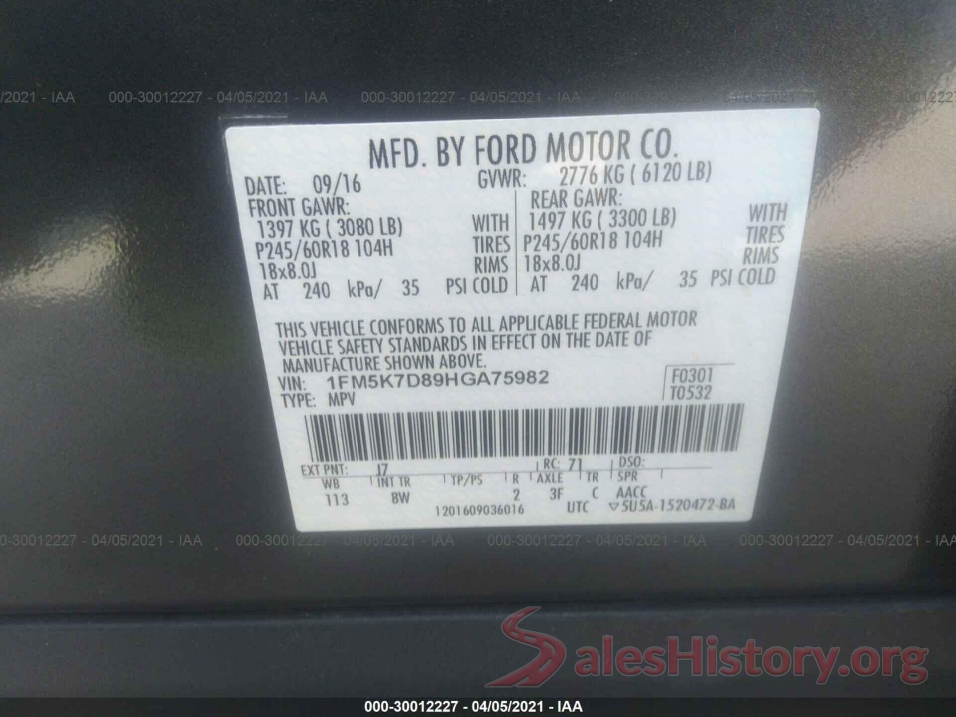 1FM5K7D89HGA75982 2017 FORD EXPLORER