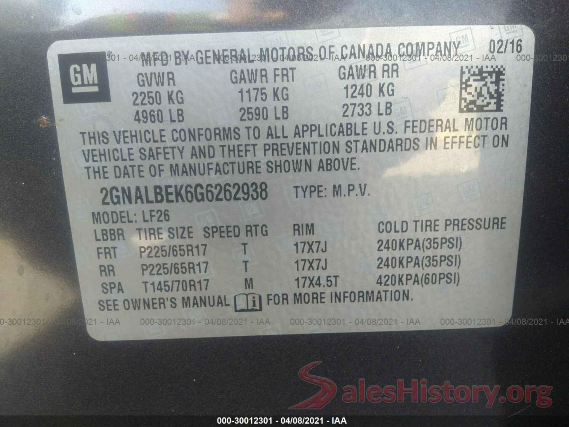 2GNALBEK6G6262938 2016 CHEVROLET EQUINOX