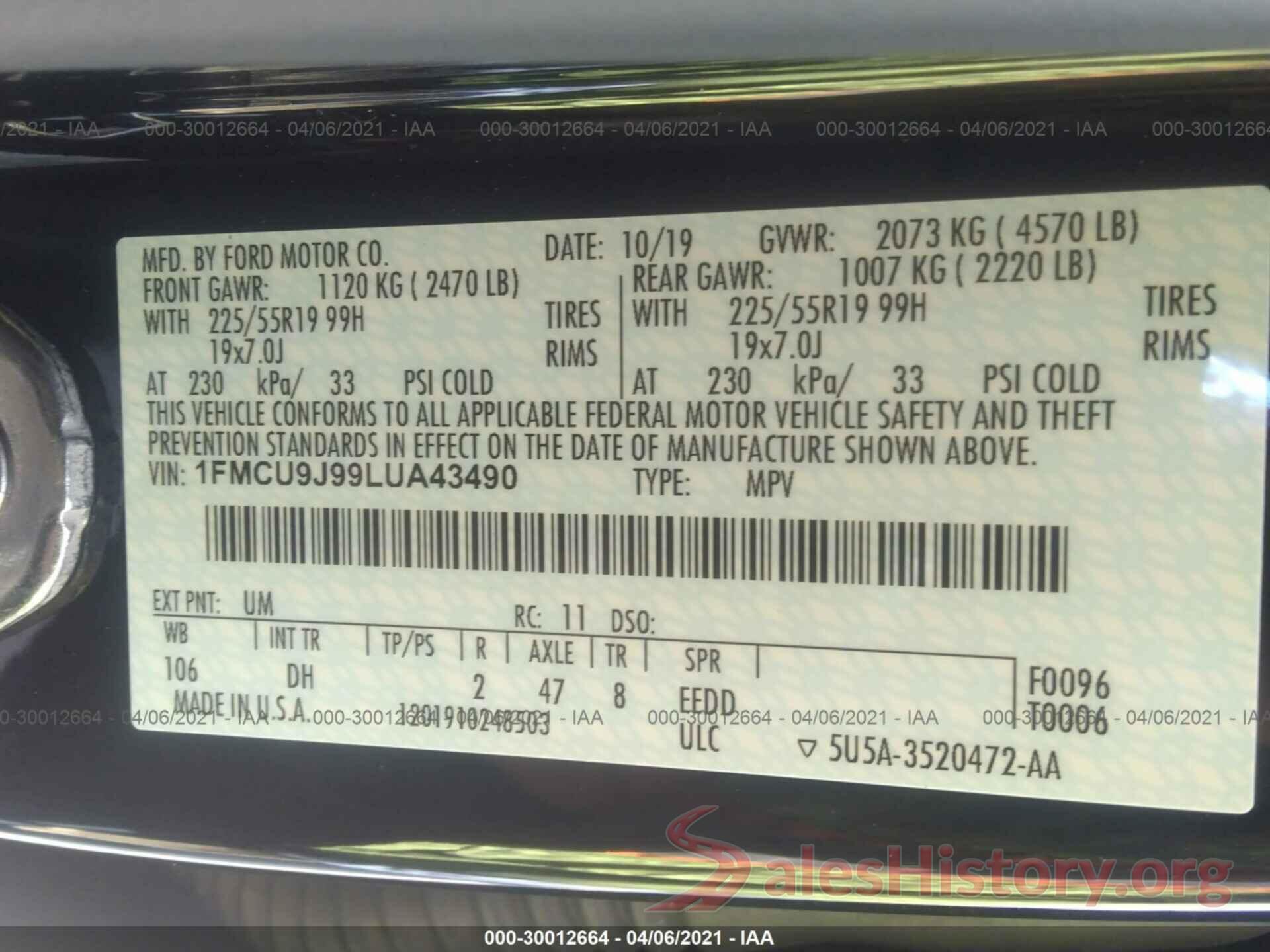 1FMCU9J99LUA43490 2020 FORD ESCAPE