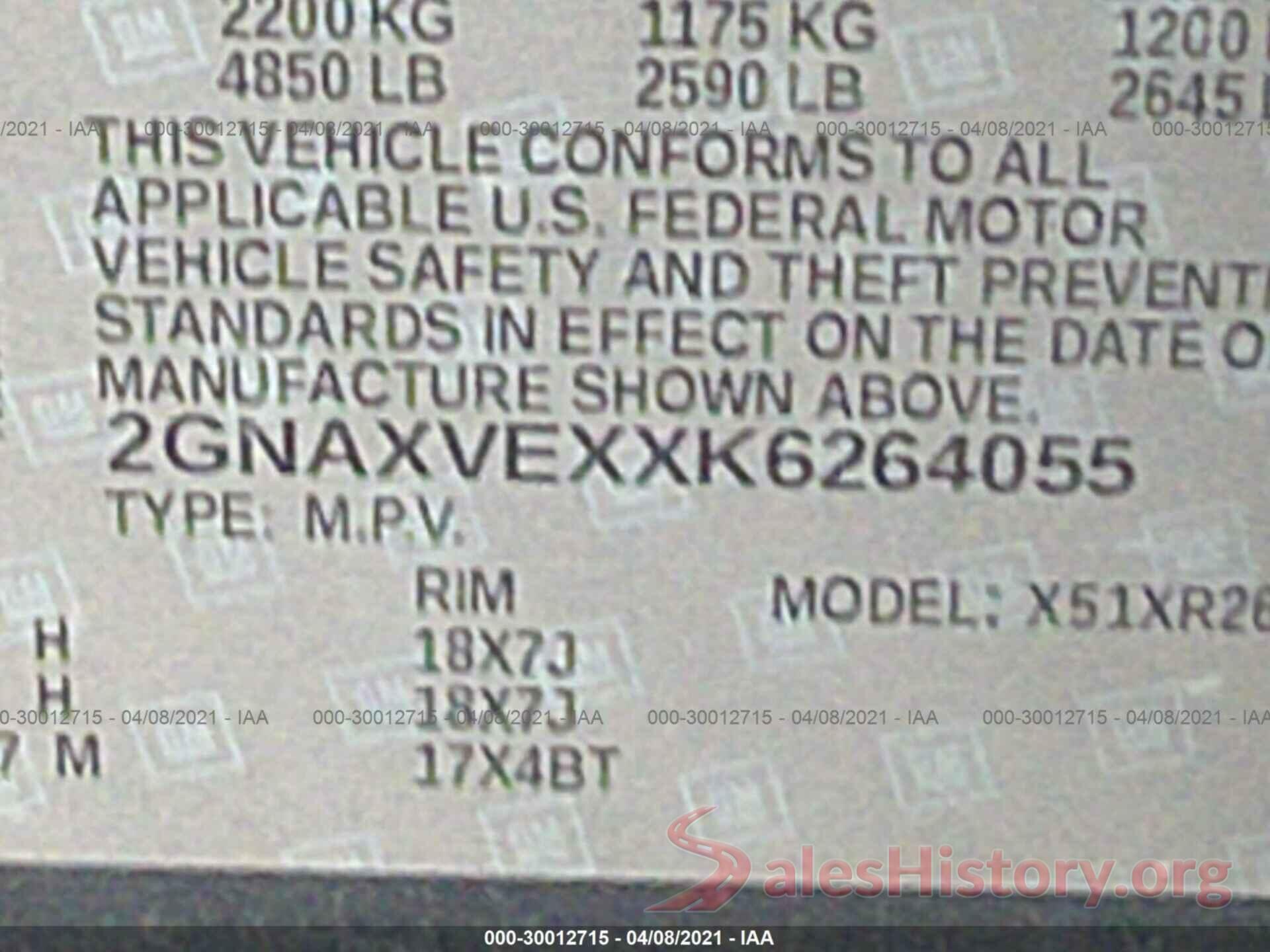 2GNAXVEXXK6264055 2019 CHEVROLET EQUINOX