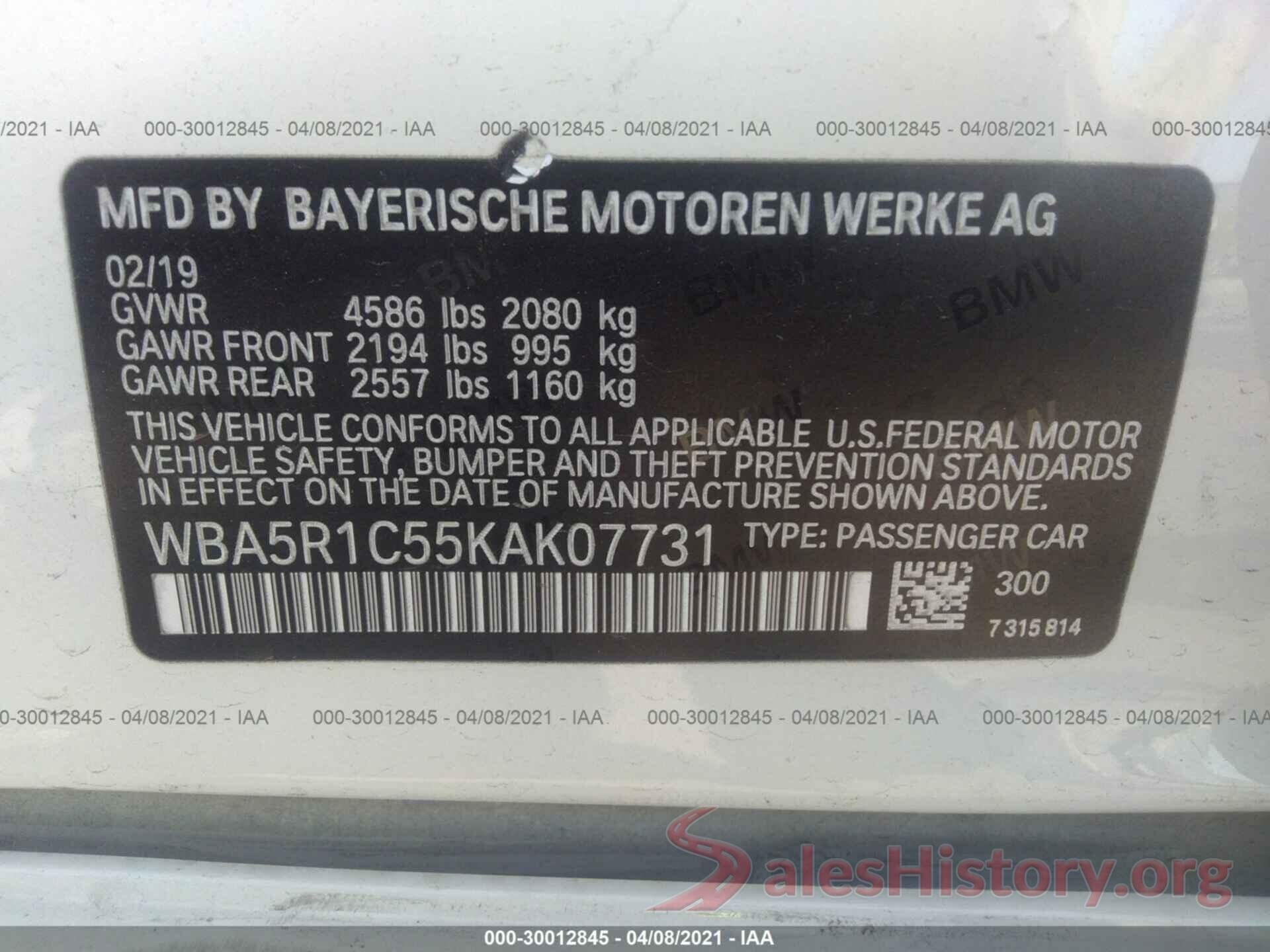 WBA5R1C55KAK07731 2019 BMW 3 SERIES