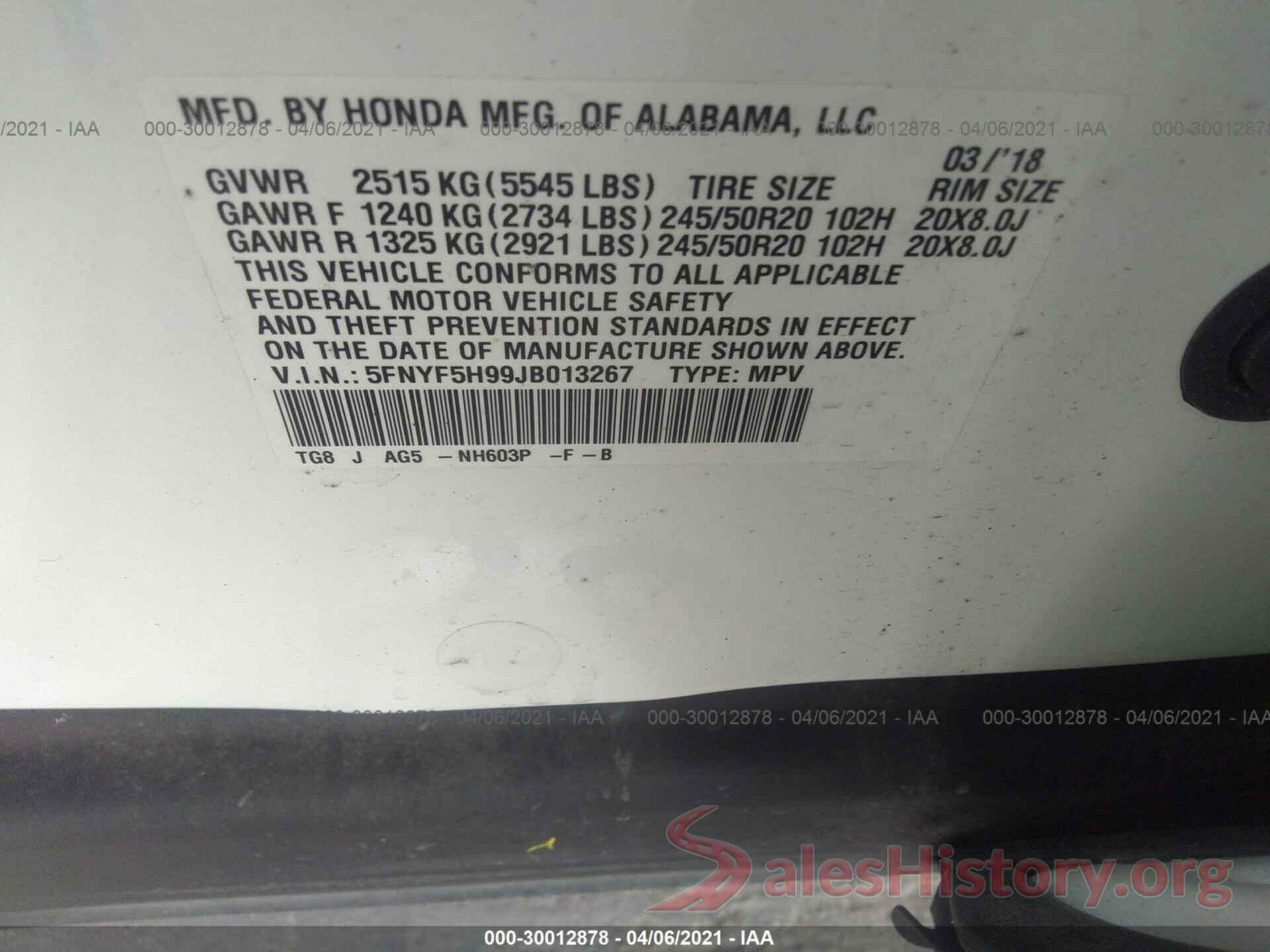 5FNYF5H99JB013267 2018 HONDA PILOT