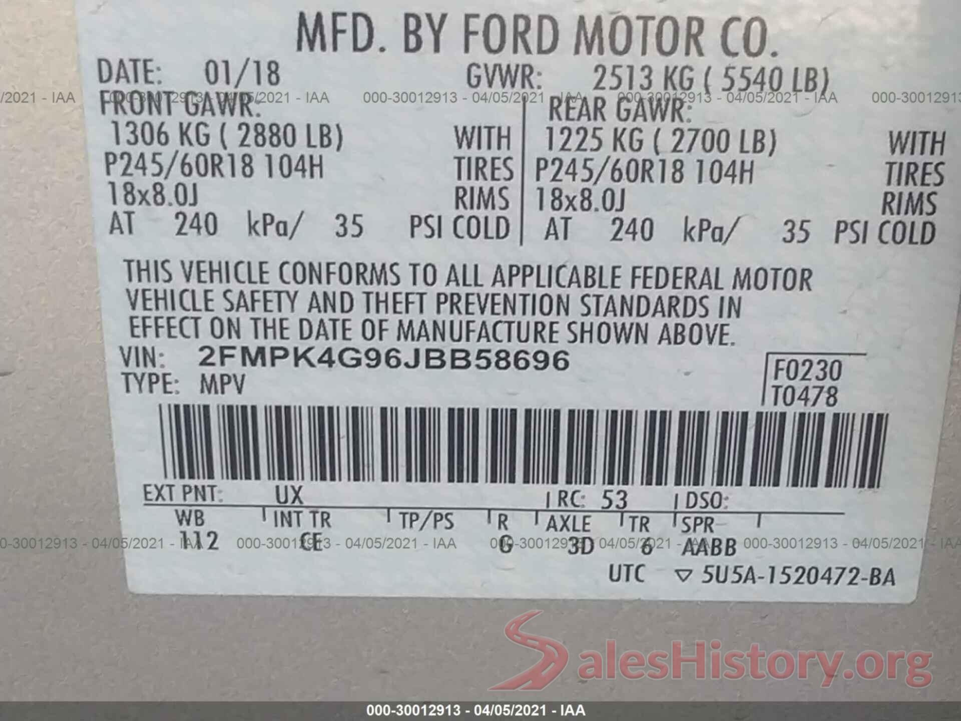 2FMPK4G96JBB58696 2018 FORD EDGE