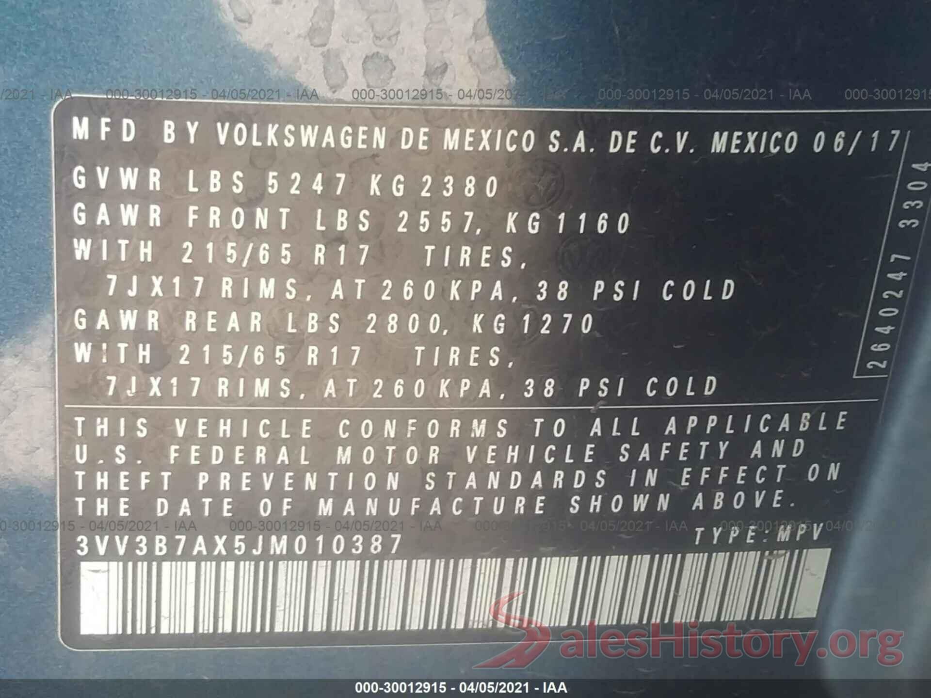 3VV3B7AX5JM010387 2018 VOLKSWAGEN TIGUAN