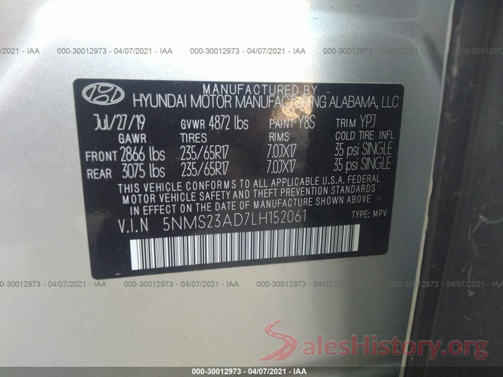 5NMS23AD7LH152061 2020 HYUNDAI SANTA FE