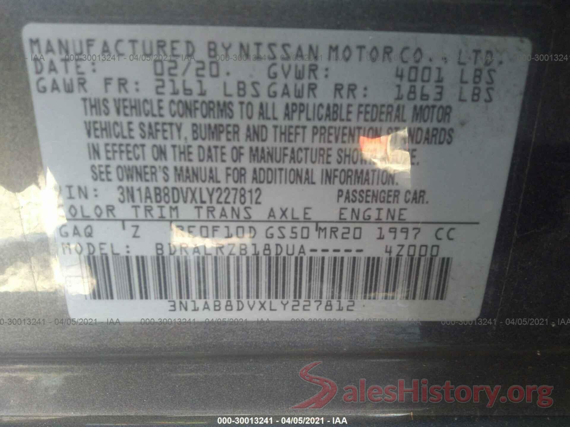 3N1AB8DVXLY227812 2020 NISSAN SENTRA