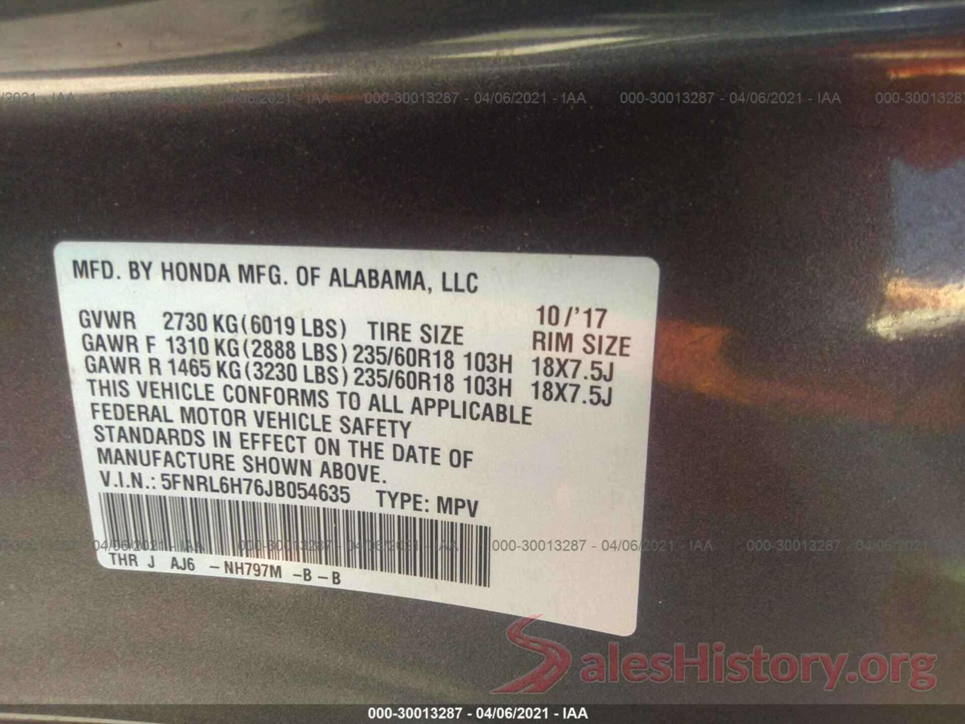 5FNRL6H76JB054635 2018 HONDA ODYSSEY