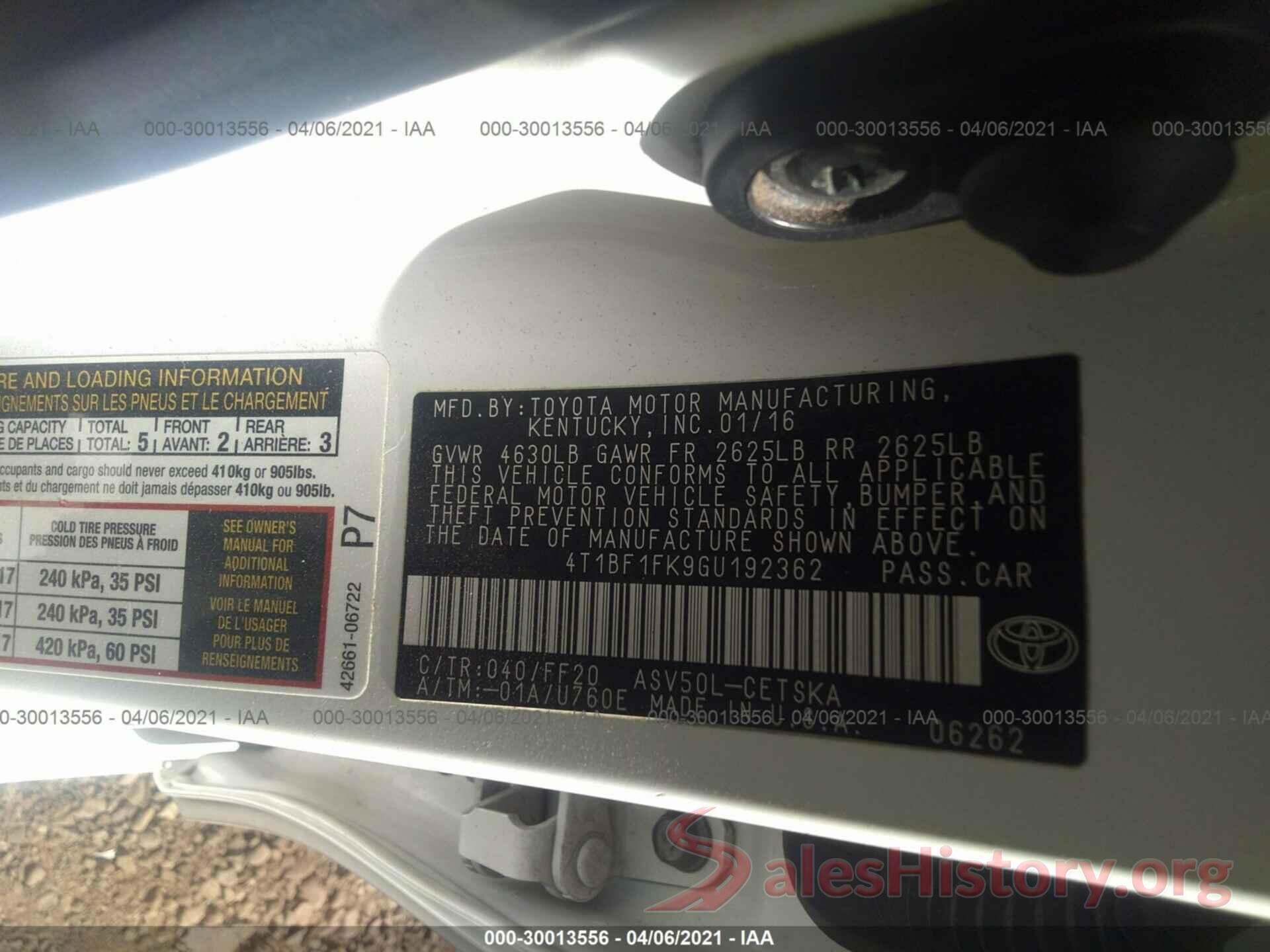 4T1BF1FK9GU192362 2016 TOYOTA CAMRY