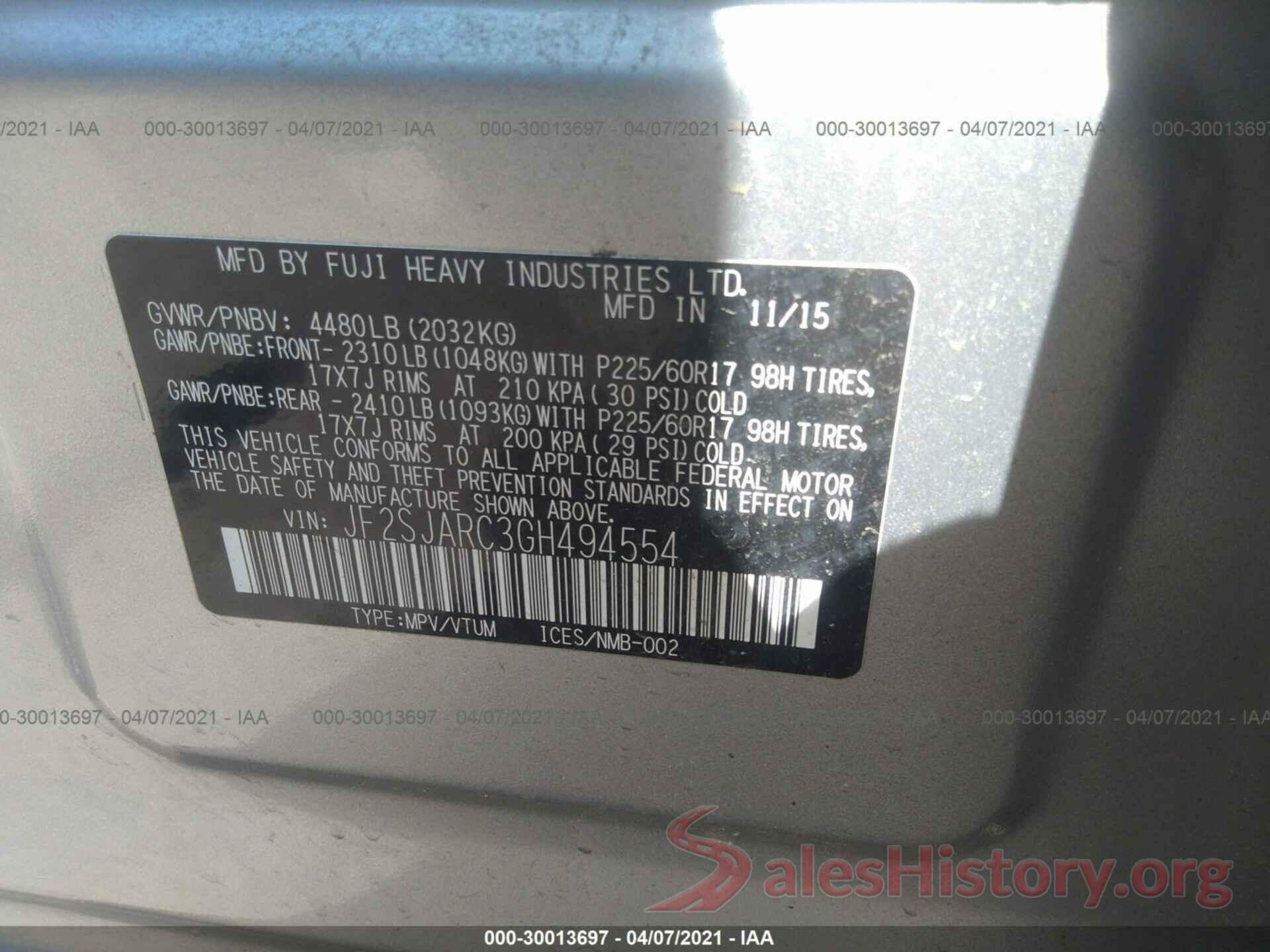 JF2SJARC3GH494554 2016 SUBARU FORESTER