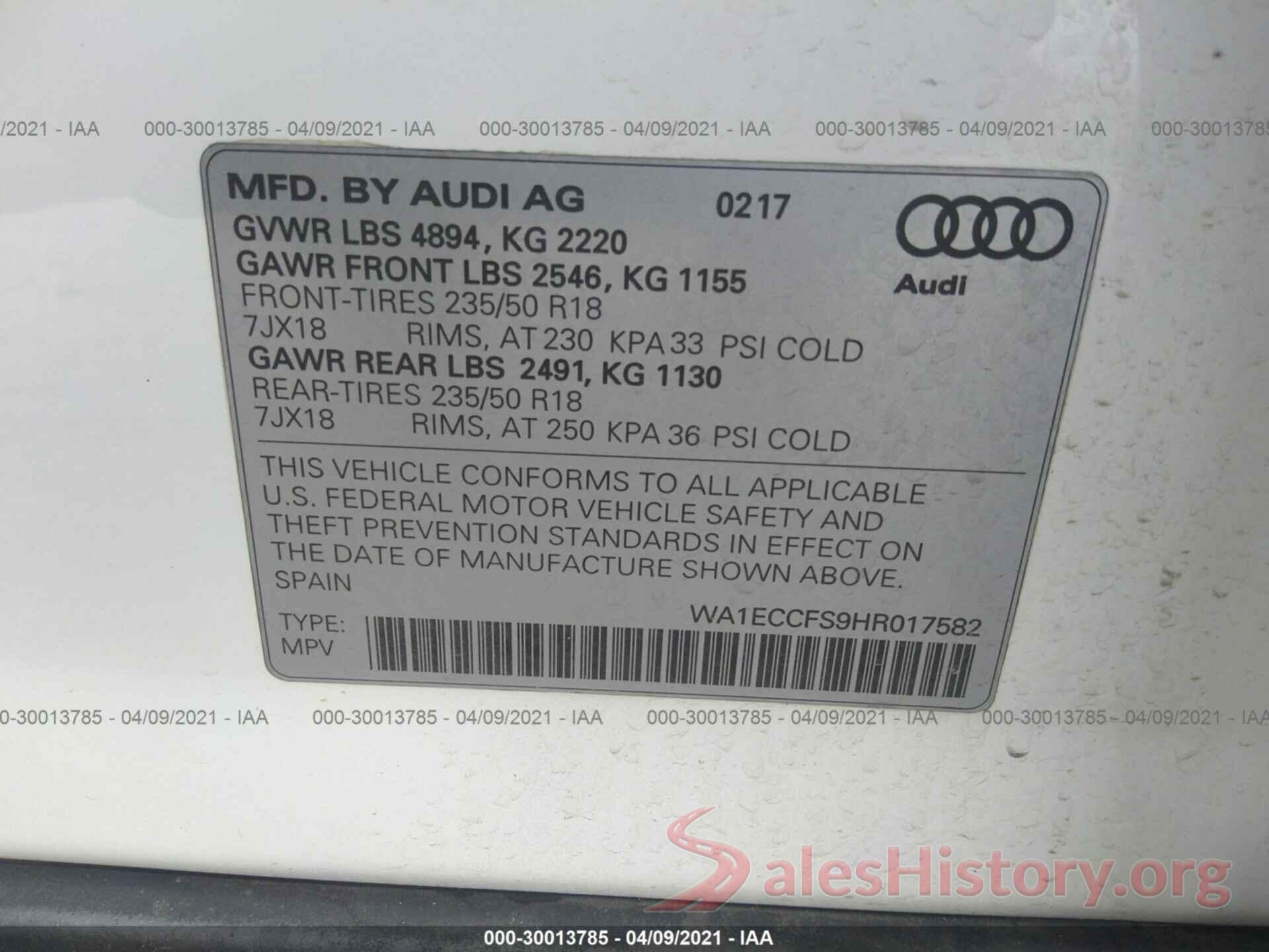 WA1ECCFS9HR017582 2017 AUDI Q3