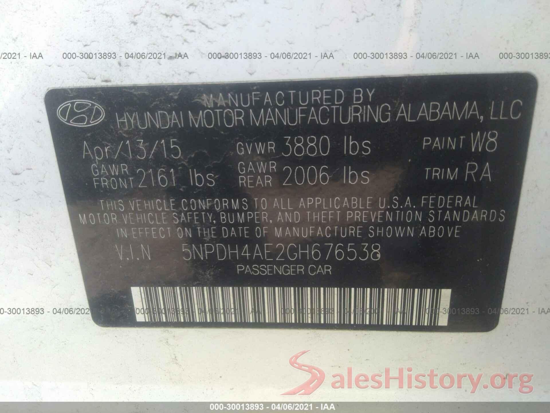 5NPDH4AE2GH676538 2016 HYUNDAI ELANTRA