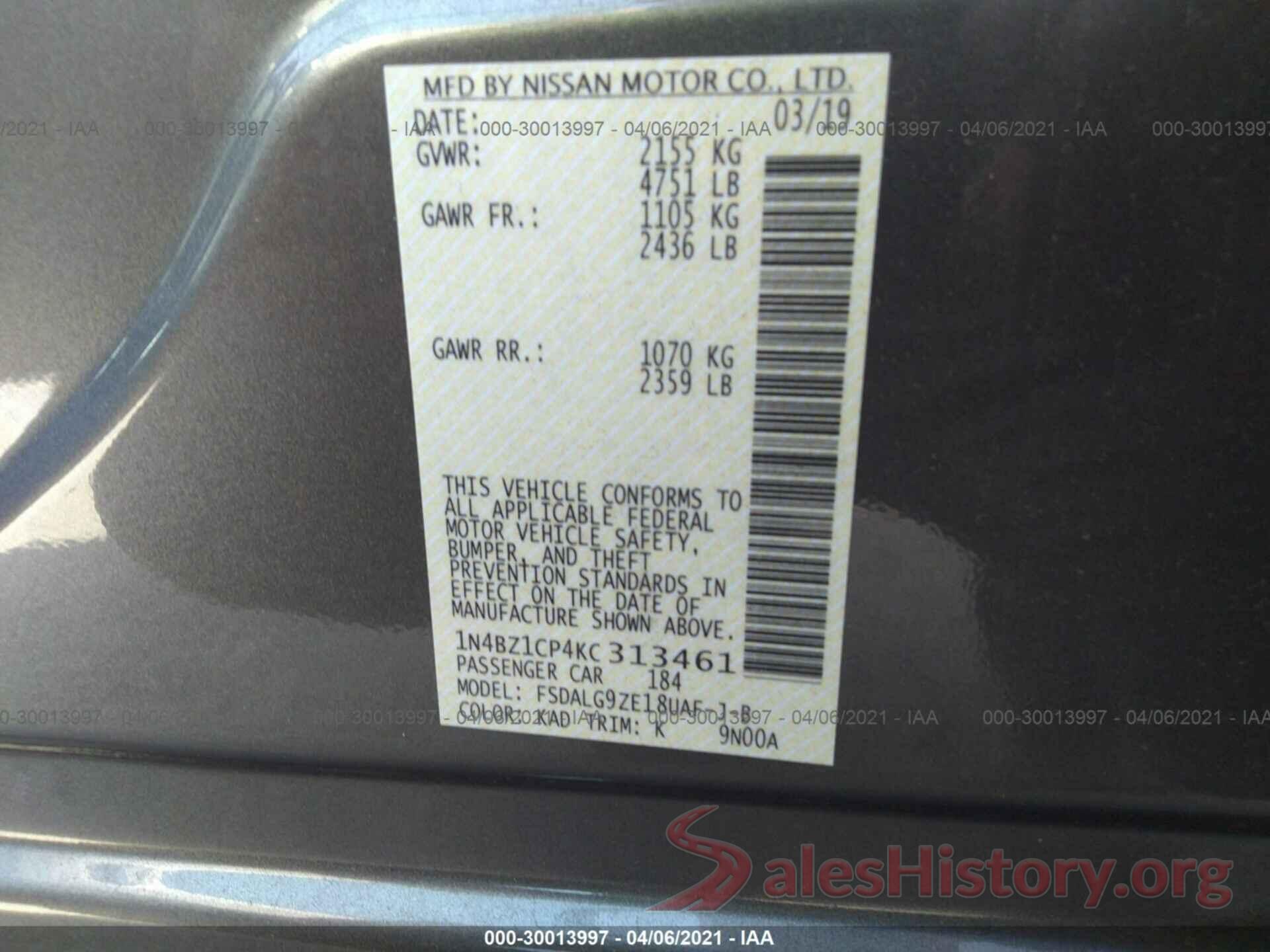 1N4BZ1CP4KC313461 2019 NISSAN LEAF