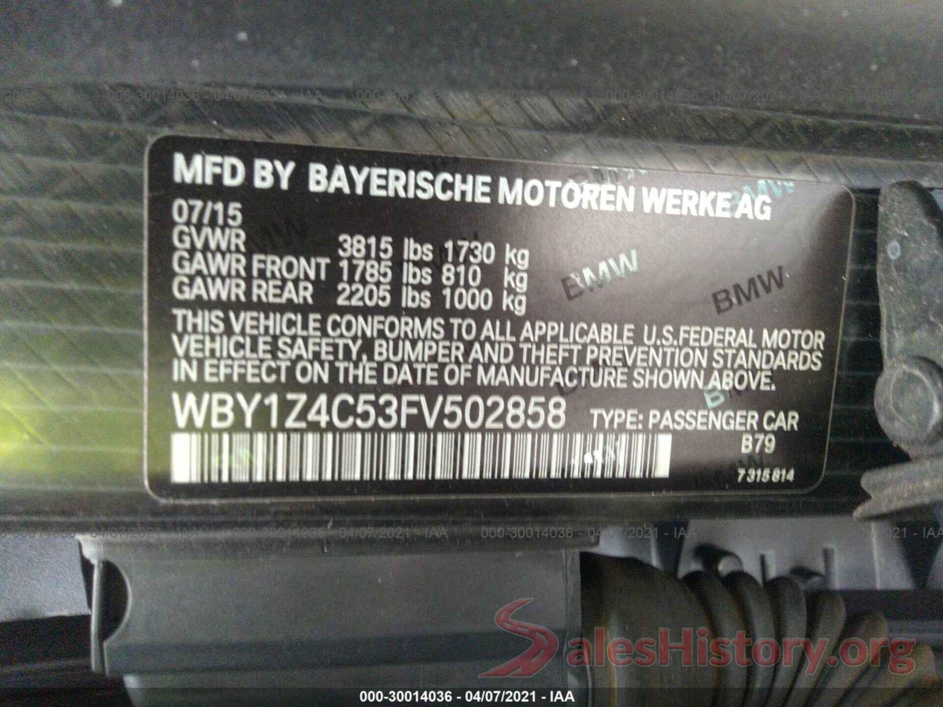 WBY1Z4C53FV502858 2015 BMW I3