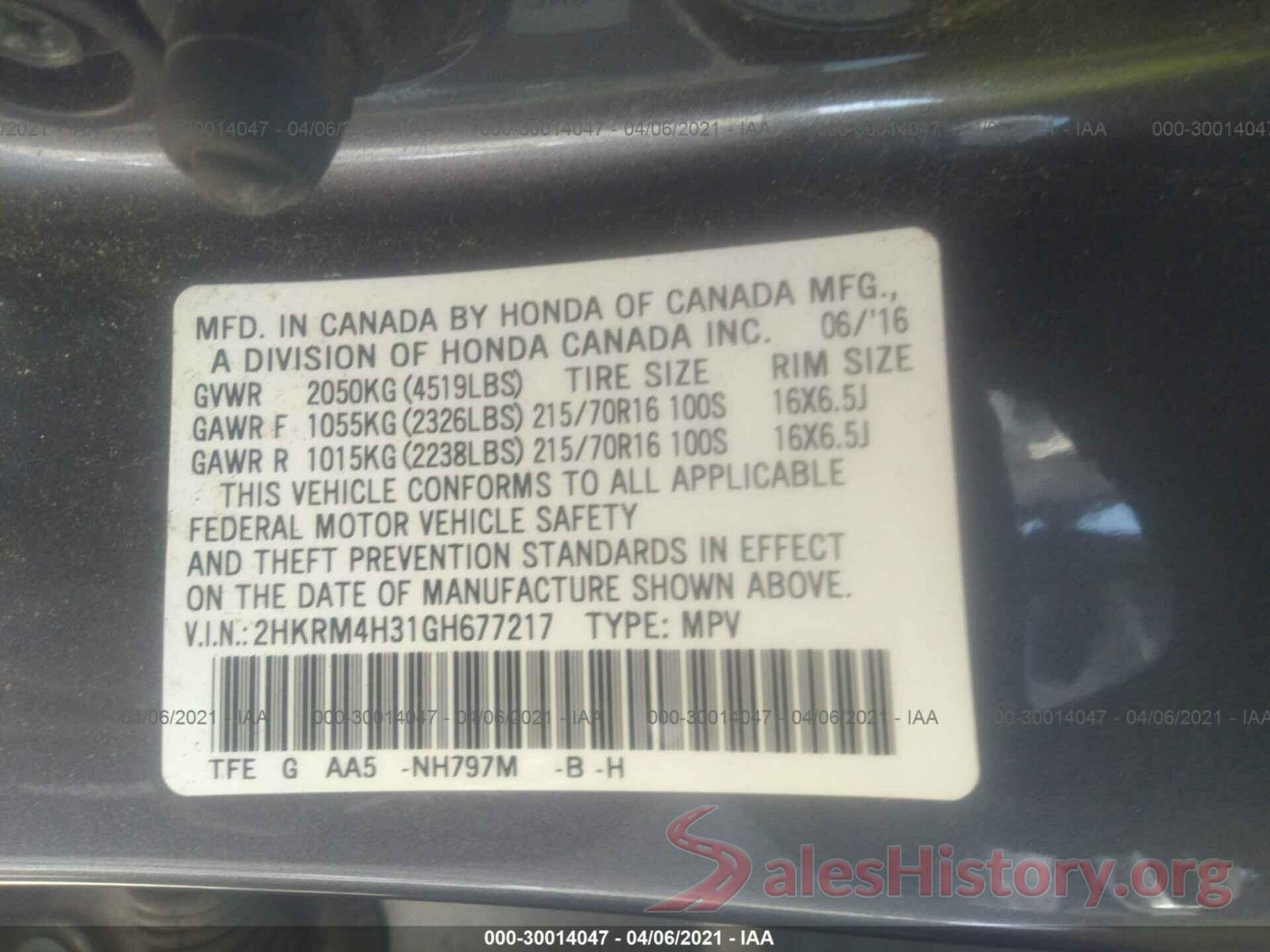 2HKRM4H31GH677217 2016 HONDA CR-V