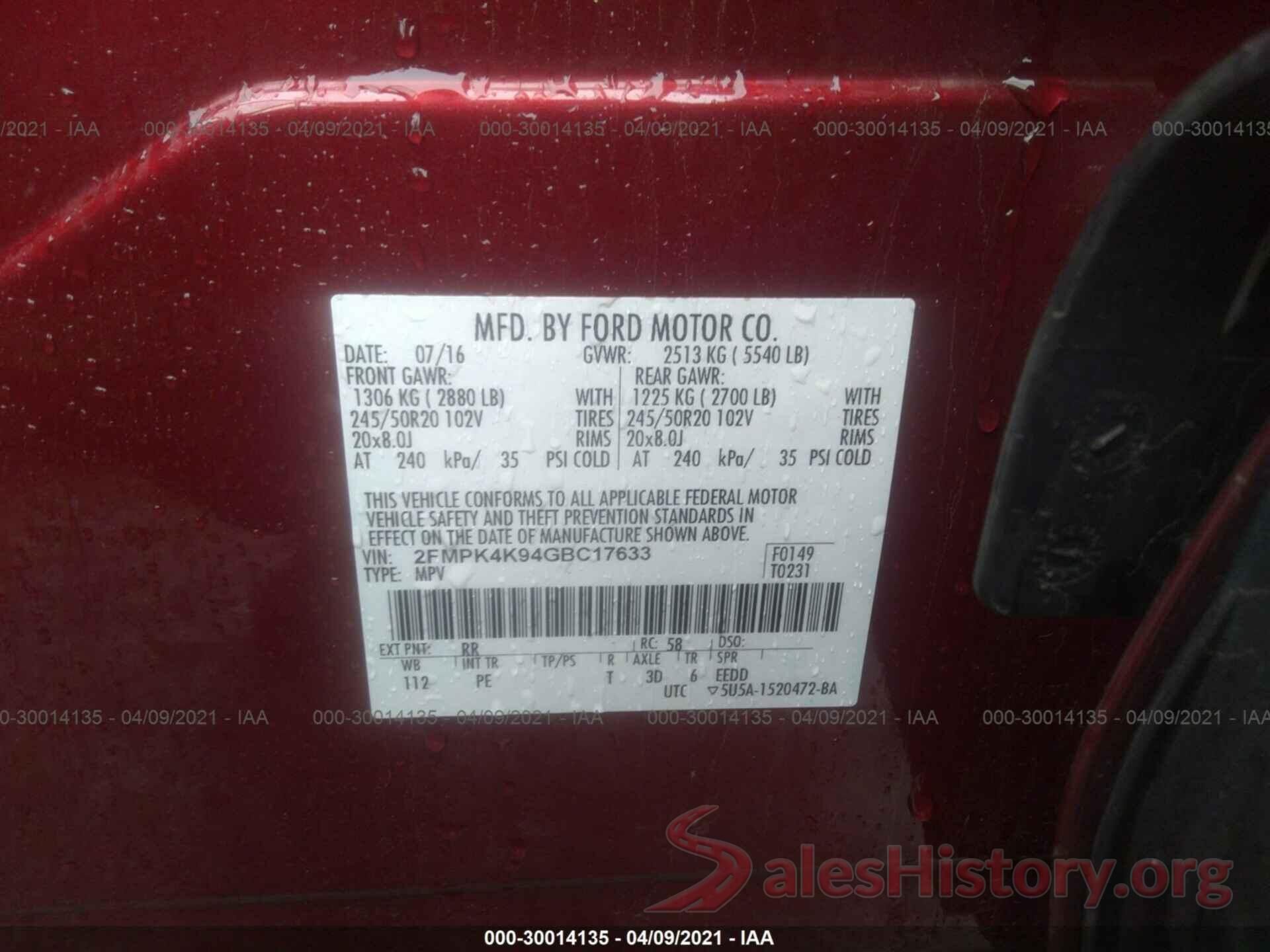 2FMPK4K94GBC17633 2016 FORD EDGE