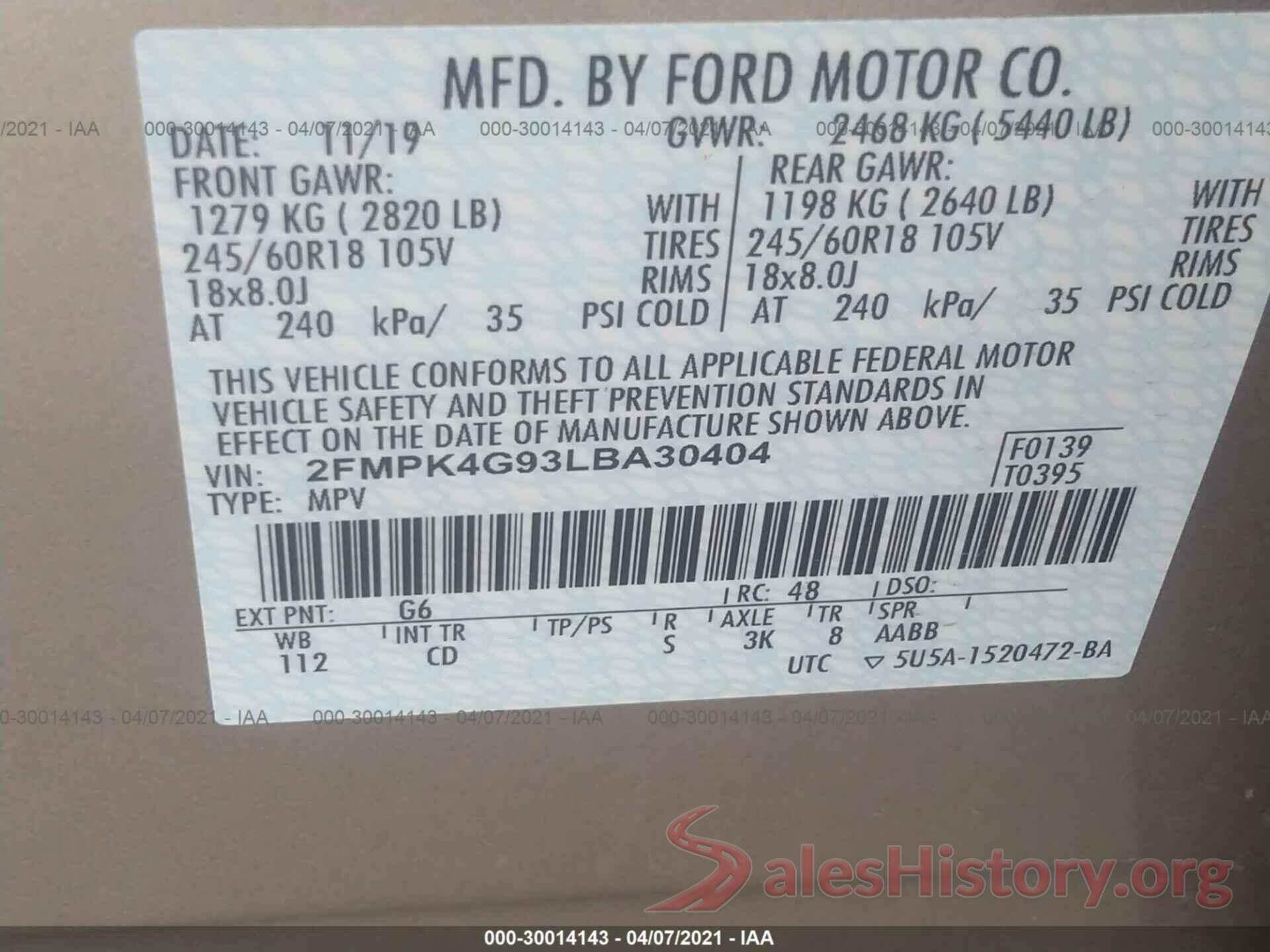 2FMPK4G93LBA30404 2020 FORD EDGE