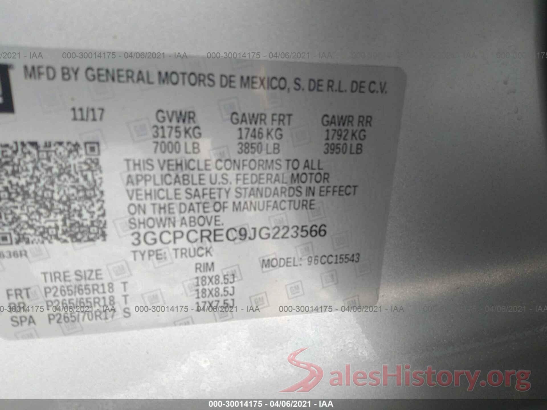 3GCPCREC9JG223566 2018 CHEVROLET SILVERADO 1500