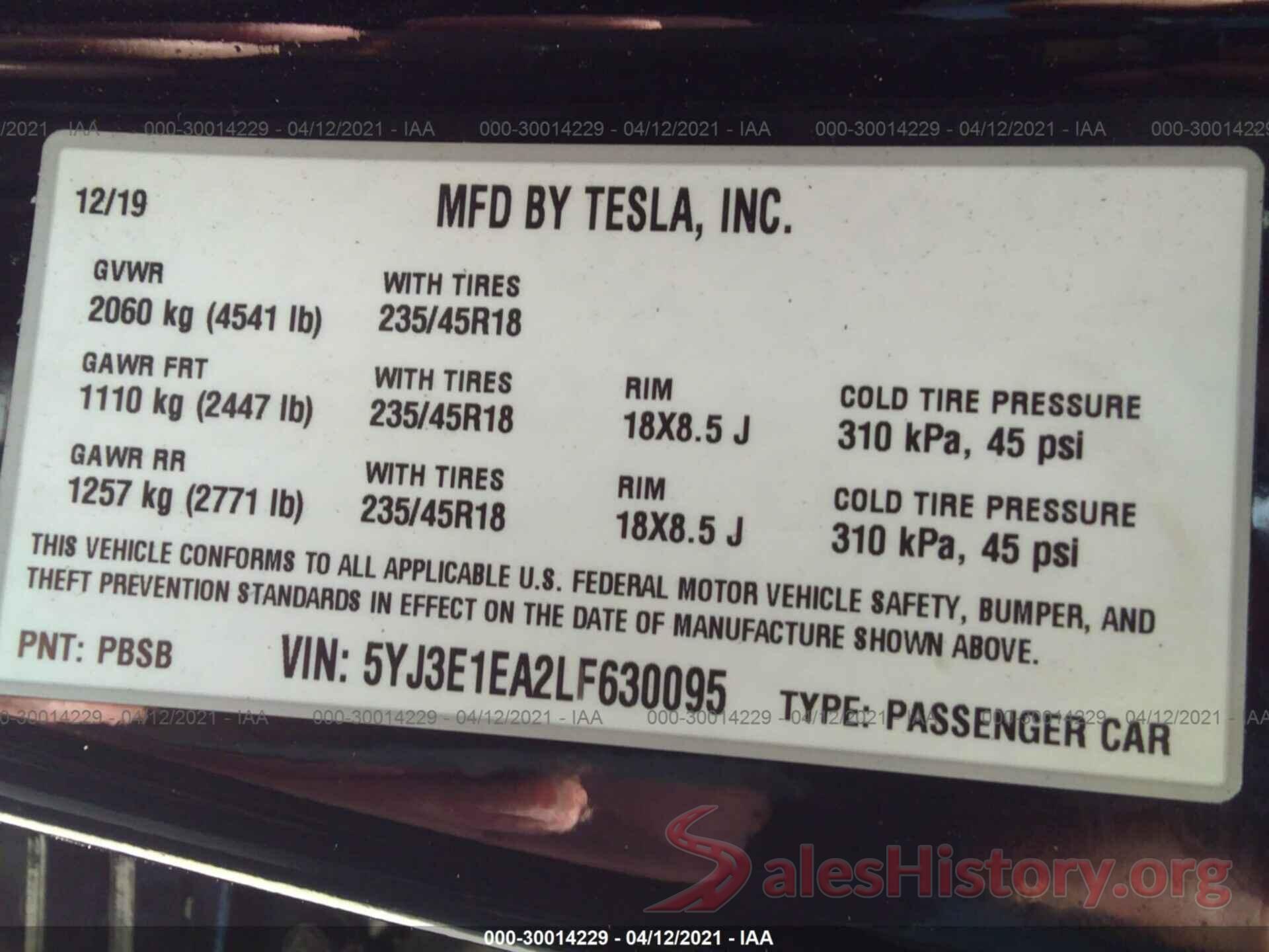 5YJ3E1EA2LF630095 2020 TESLA MODEL 3