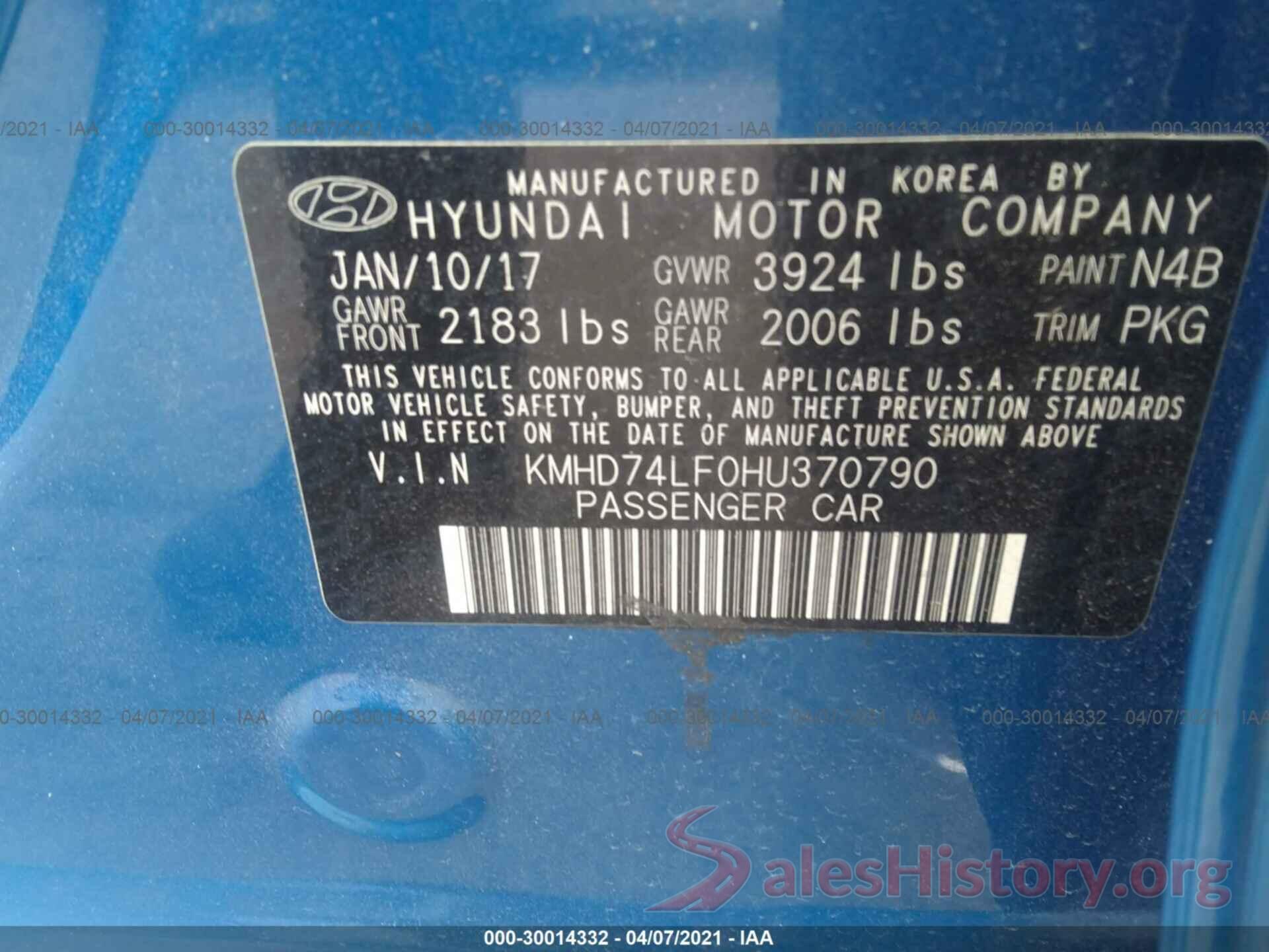 KMHD74LF0HU370790 2017 HYUNDAI ELANTRA