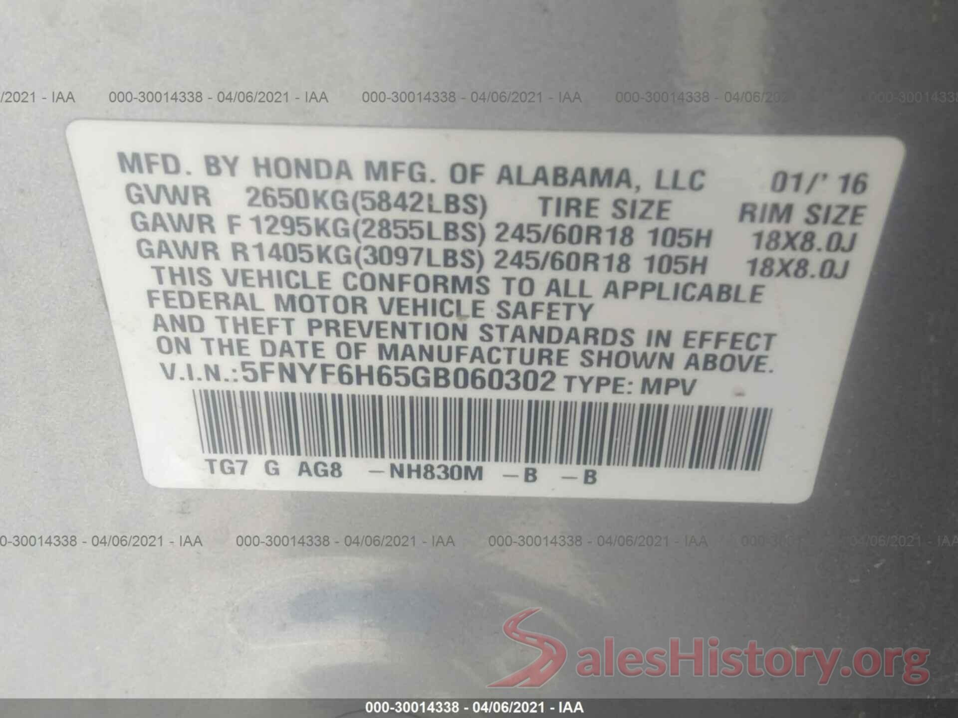 5FNYF6H65GB060302 2016 HONDA PILOT