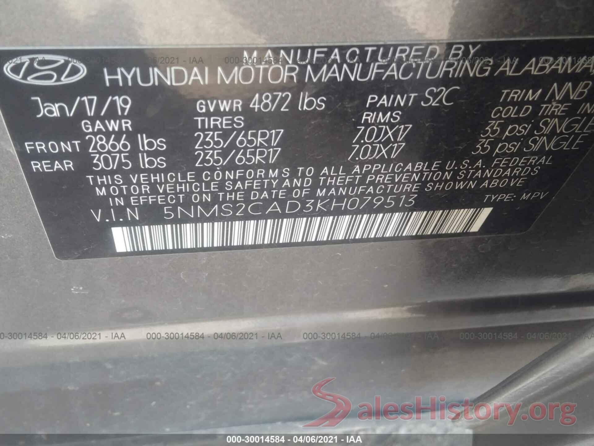 5NMS2CAD3KH079513 2019 HYUNDAI SANTA FE