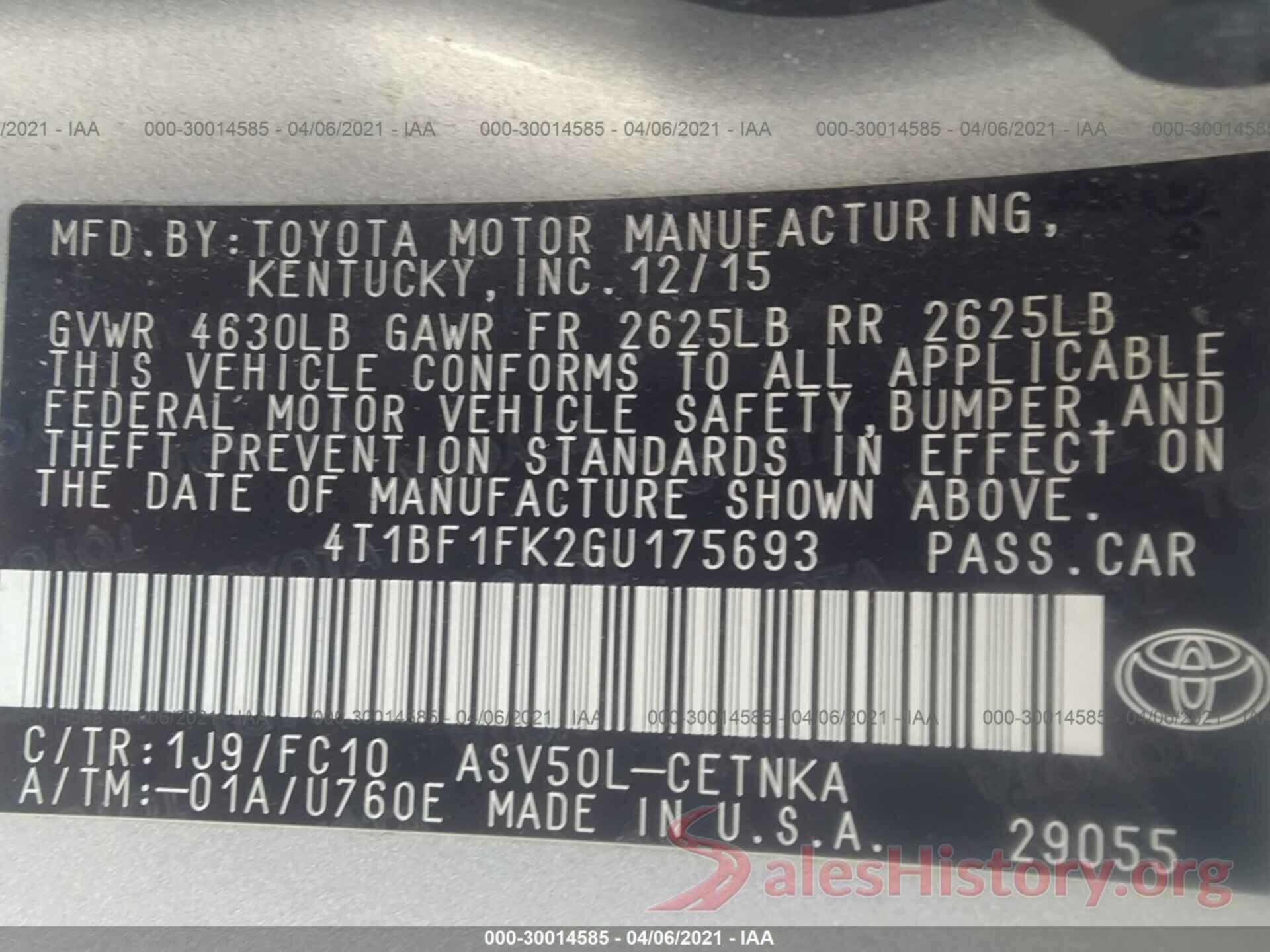 4T1BF1FK2GU175693 2016 TOYOTA CAMRY