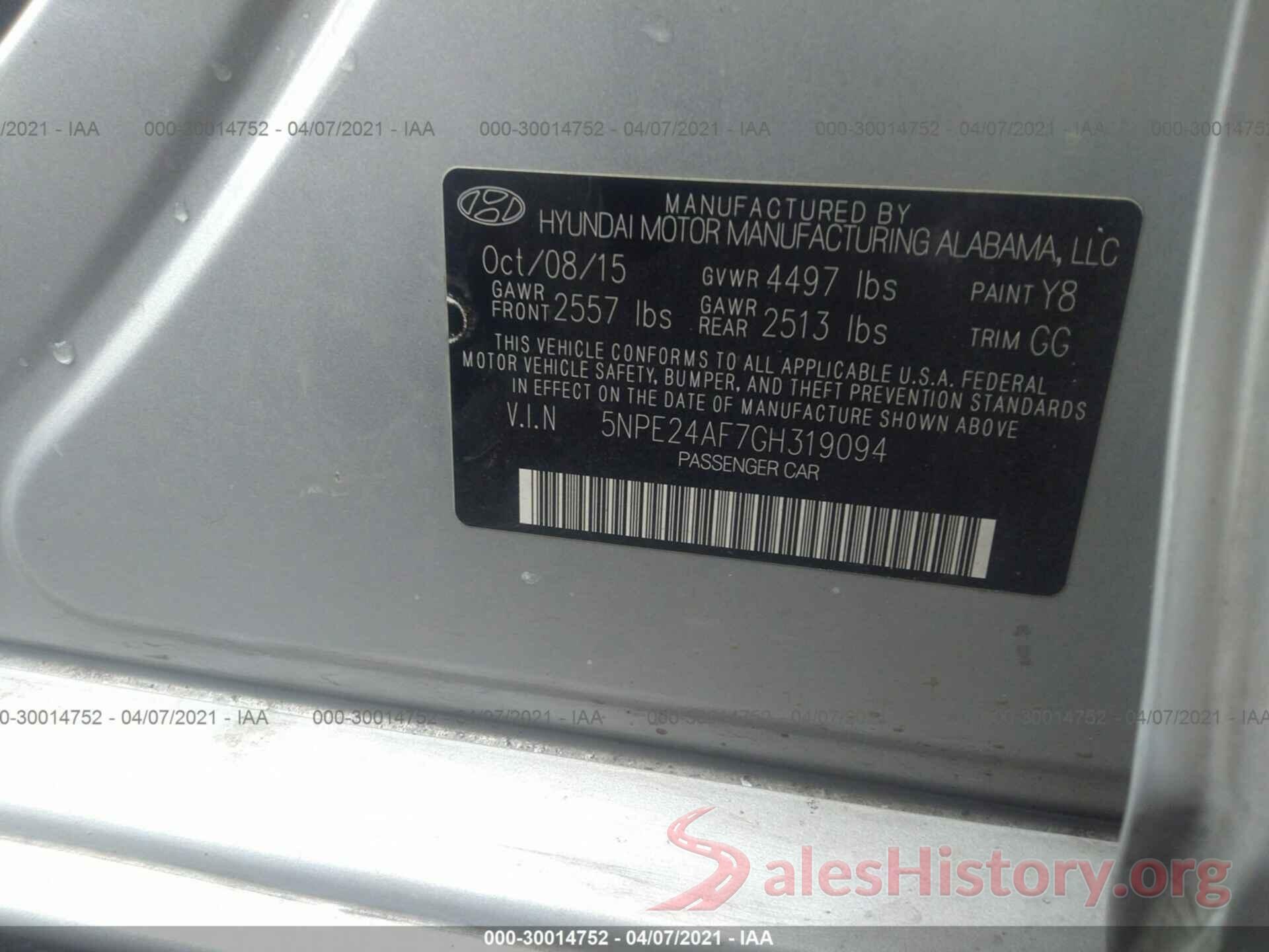 5NPE24AF7GH319094 2016 HYUNDAI SONATA