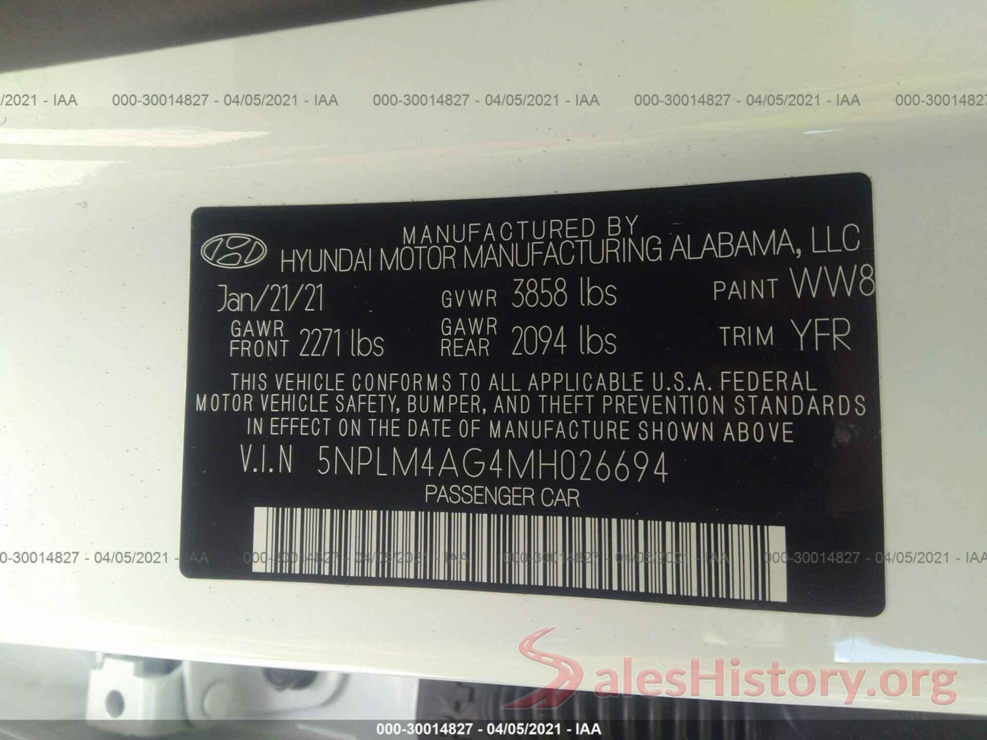 5NPLM4AG4MH026694 2021 HYUNDAI ELANTRA